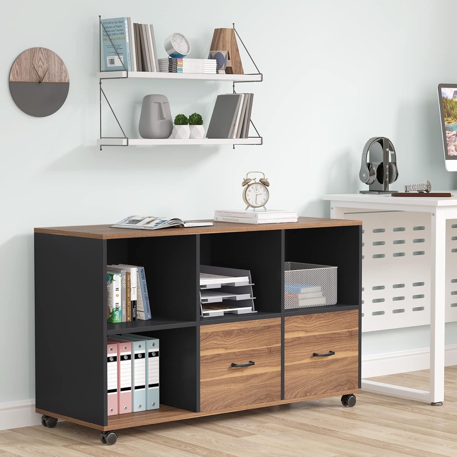 Tribesigns 2 Drawers Lateral File Cabinets, Home Office 43 inches Mobile Wood Filing Cabinet Printer Stand with Wheels and Open Storage Shelves,Drawers for Letter Size