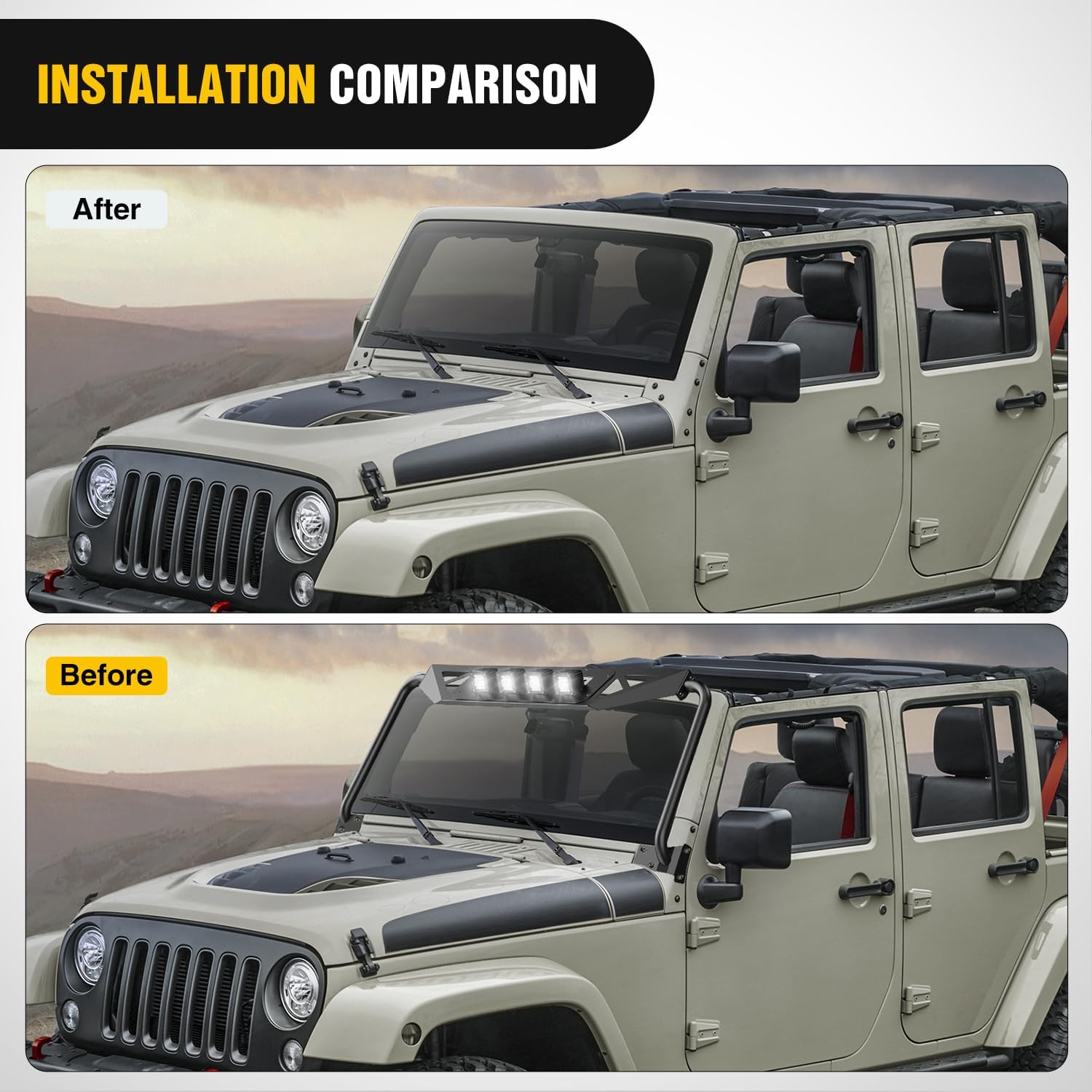Nilight Front Windshield Frame Cover Roof Sun Visor Cowl Body Armor with 4 x LED Lights Compatible with 2007-2018 Jeep Wrangler JK JKU Unlimited, Windscreen Rack Protector Stand