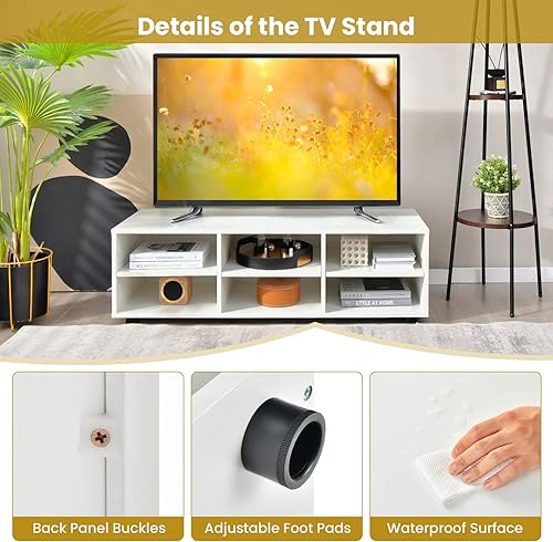 Miniatura 8 de Tangkula Soporte de TV con 6 compartimentos para televisores de hasta 55 pulgadas, centro de entretenimiento de madera blanca con 6 cubos de
