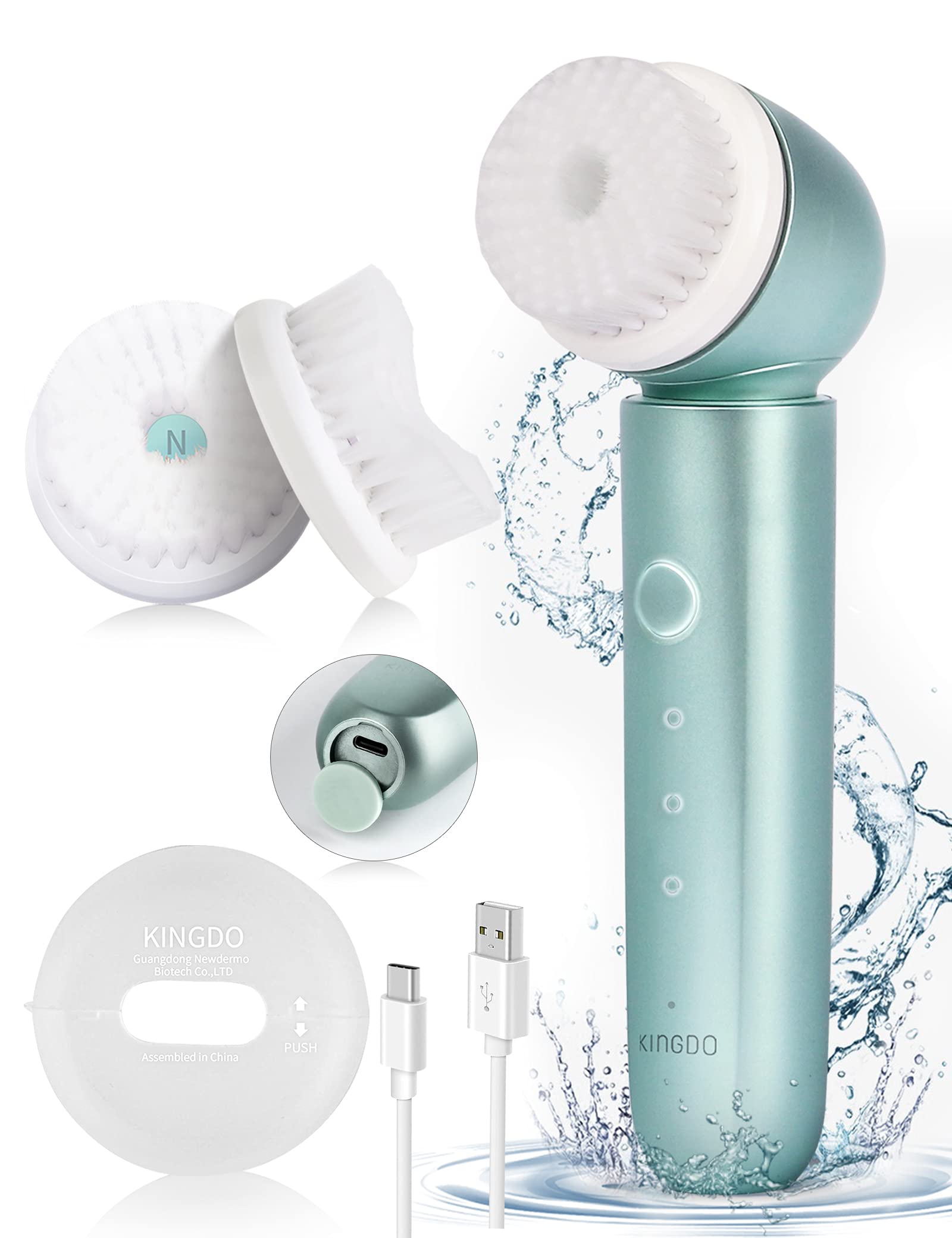 KINGDO Ultrasonic Facial Cleansing Brush,3 Vibrating Modes,IPX7 Waterproof,USB Rechargeable,for Gentle Exfoliating&Removing Blackhead,Deep Cleaning Oil,Dull,Acne for Women/Men,2 Soft Brush Heads,Green