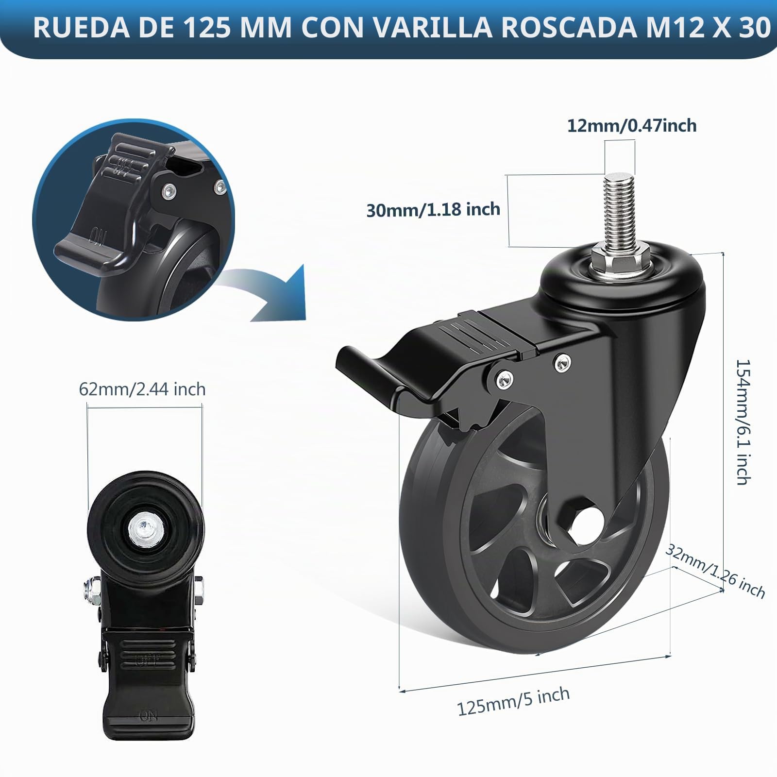 125MM Ruedas para Muebles con Pasador Roscado M12 x 30mm, Lote de 4 Ruedas Pivotantes con Freno Hasta 700kg, Ruedas Giratorias Ruedas Industriales Giratorias 360°, PU Ruedas No Dejan Marcas