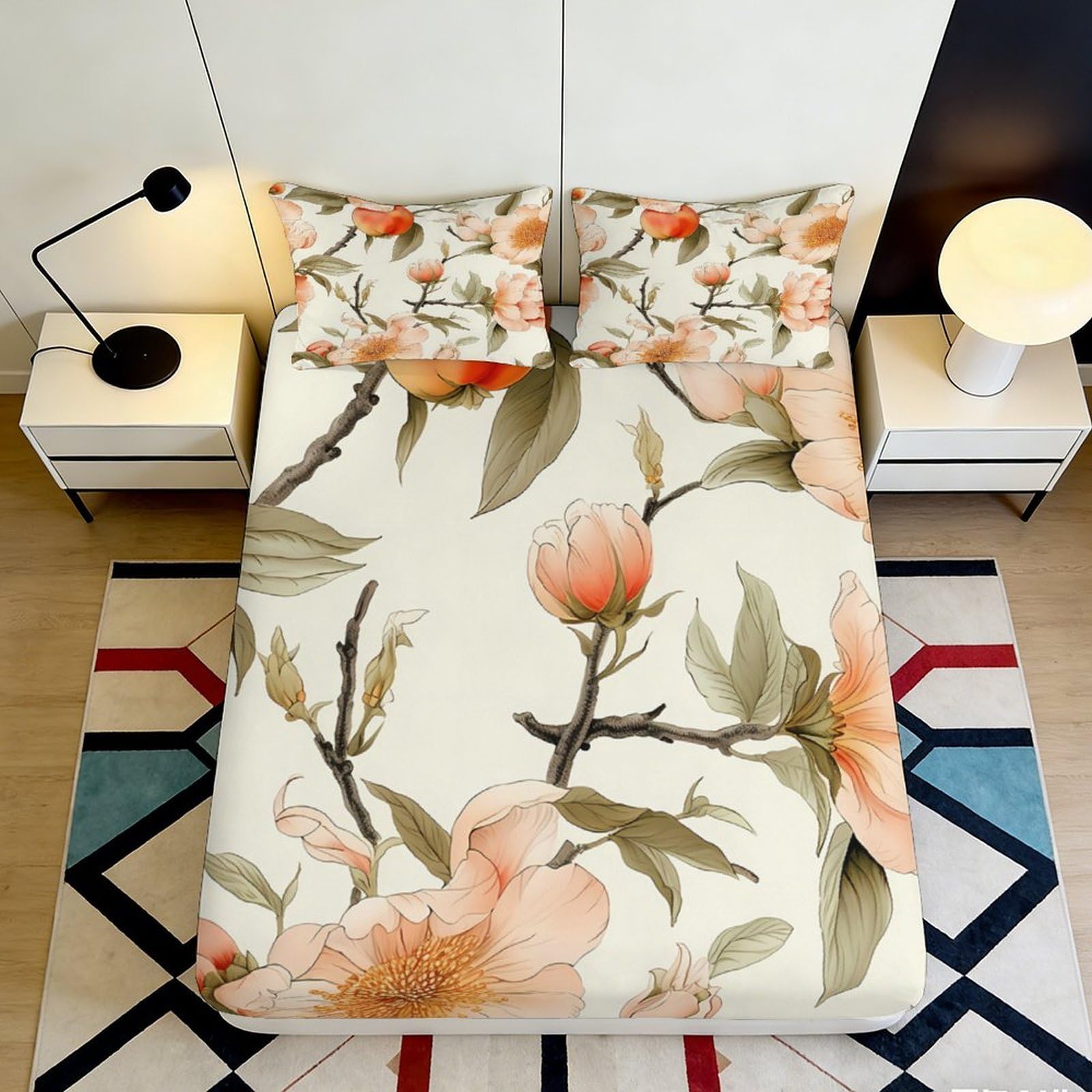 3D Printed Peach Blossom Fitted Sheet Microfiber Soft Floral Magnolia Bed Cover for Bedroom Guest Room Decor 90x200x25cm
