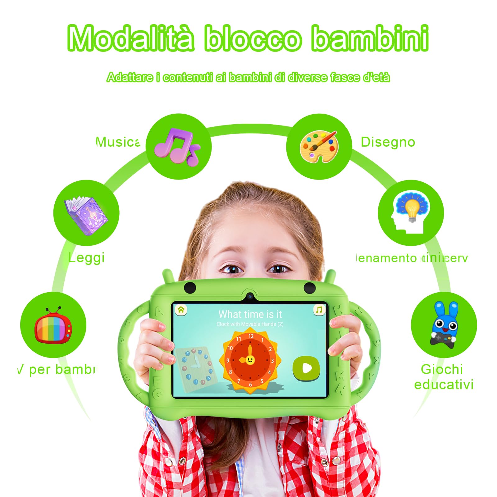 Tablet Bambini 7 pollici Android 12, 2+32 GB (128 TF), Kids Tablet con Controllo Genitori, Doppia Fotocamera, Bluetooth, WiFi, Custodia Protettiva, APP bambini, YouTube (Verde)