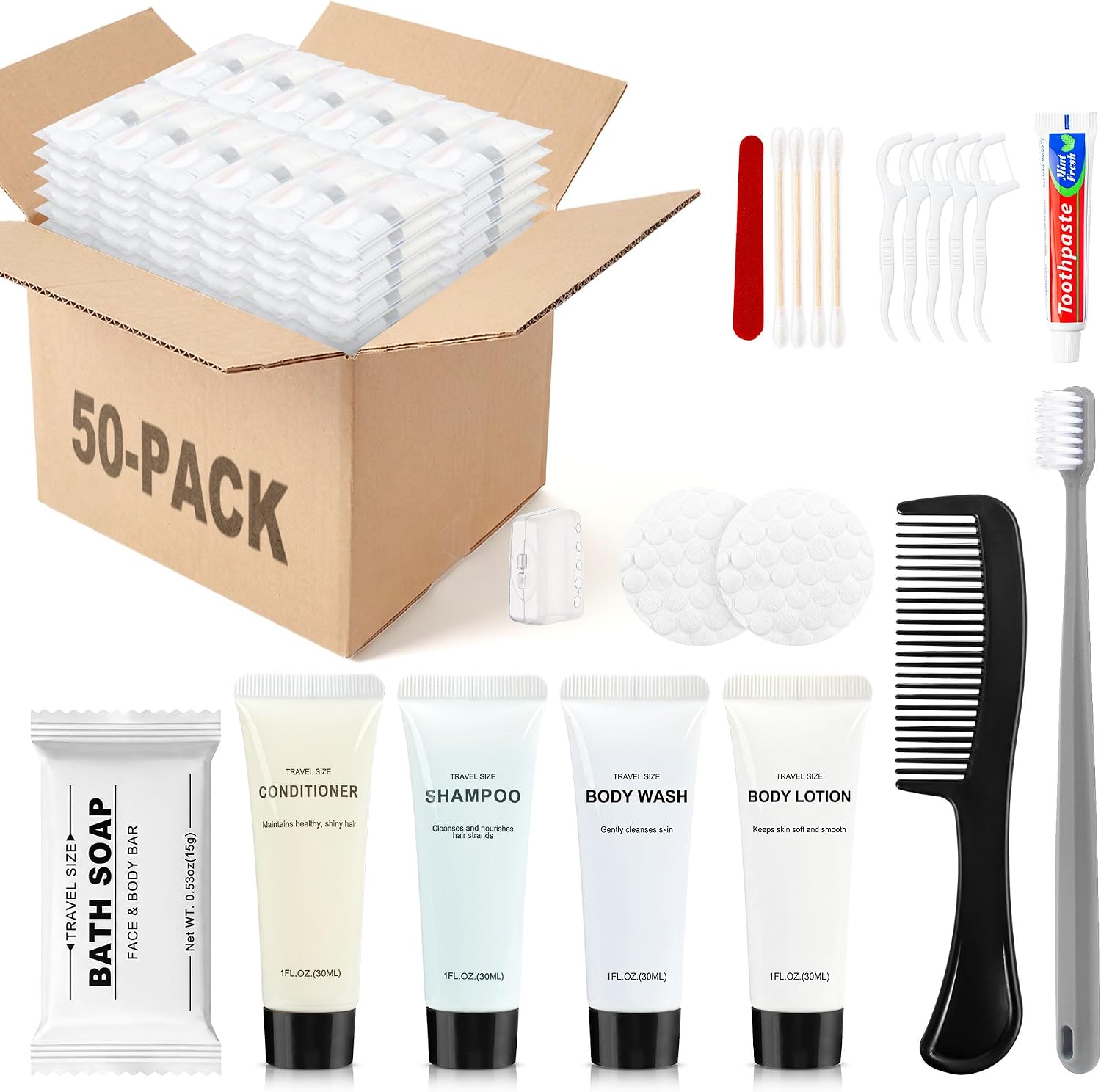 Kocpudu Hygiene kit, Personal Hygiene kit Packaged independently (50-Pack) | 11 in 1, travel size, suitable for daily grooming and cleaning, travel size toilets bulk suitable for camping, hotels