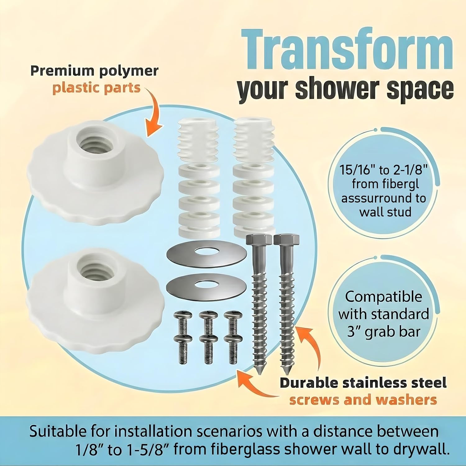 Grab Bar Mounting Kit for Fiberglass Showers, Grab Bar Anchors with Adjustable Spacers (15/16" to 2-1/8"), Shower Install Kit for Installing Grab Bar to Stud, 1 Pair