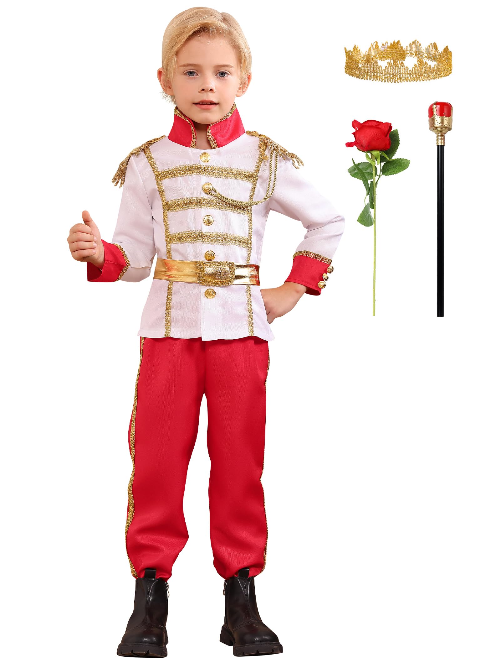 FYMNSI Prince Charming Costume for Kids Boys Halloween Carnival Cosplay Party Fancy Dress Up Tunic Top Pants Crown Scepter Set