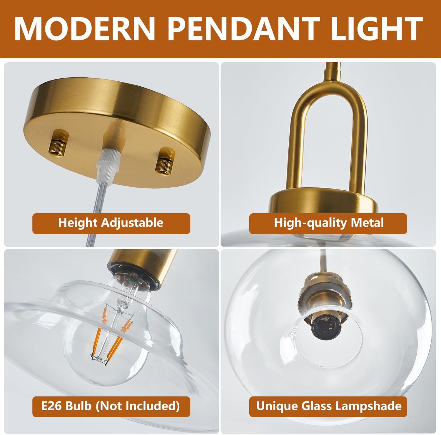 Clear Glass Pendant Lights Kitchen Island Gold Pendant Light Fixtures Adjustable Height Modern Pendant Lighting for Bedroom Dining Room (1-Pack)