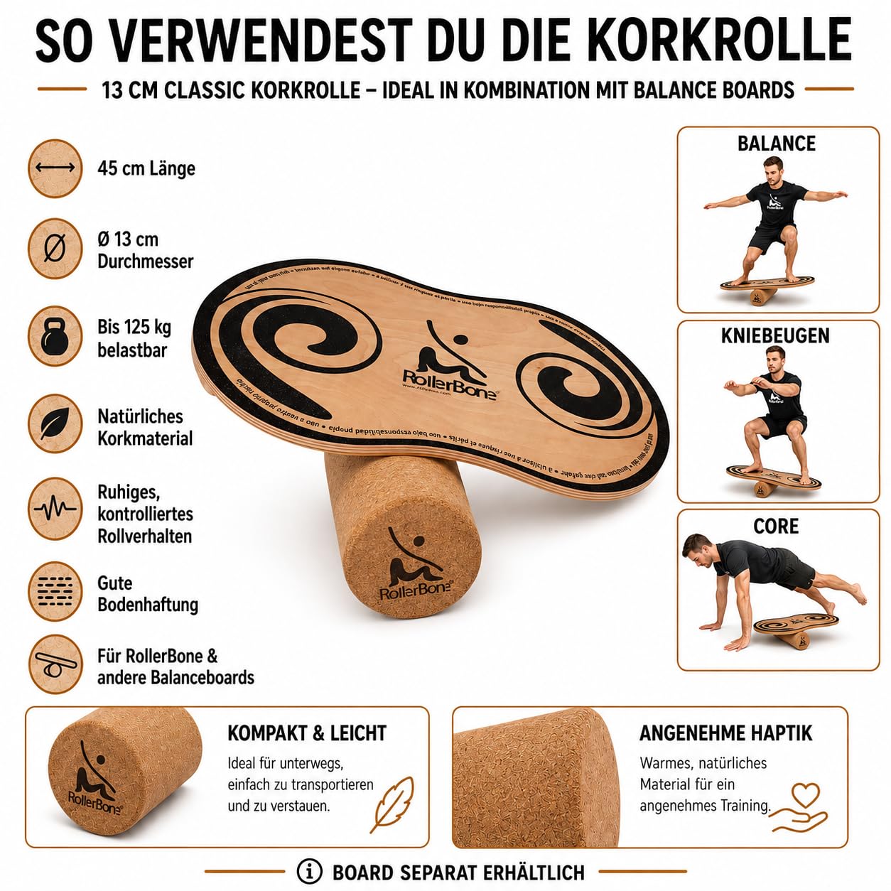 Korkrolle Pro Ø 15 cm – Balanceboard Rolle aus Naturkork, 45 cm, bis 125 kg – für RollerBone & andere Balance Boards – Balance, Core, Fitness & Faszientraining