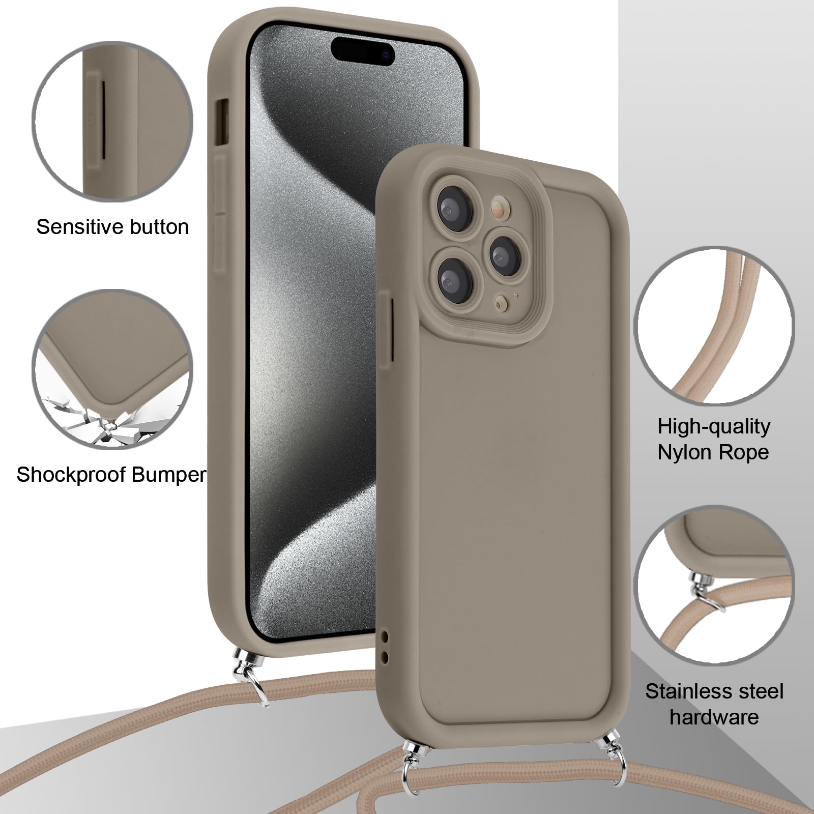 Custodia Per IPhone 15 Pro Max Con Cordino Regolabile E Supporto MagSafe, In Silicone, Ultra Sottile E Antiurto – Colore Cachi