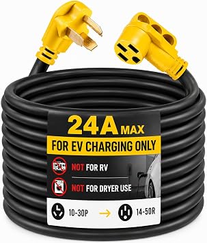 EV Charger Adapter Cord NEMA 10-30P to 14-50R, 24A Max, 50FT | ETL Listed, For EV Charging Only, Not for RV Use, Not for Dryer Use, 24A Max Current