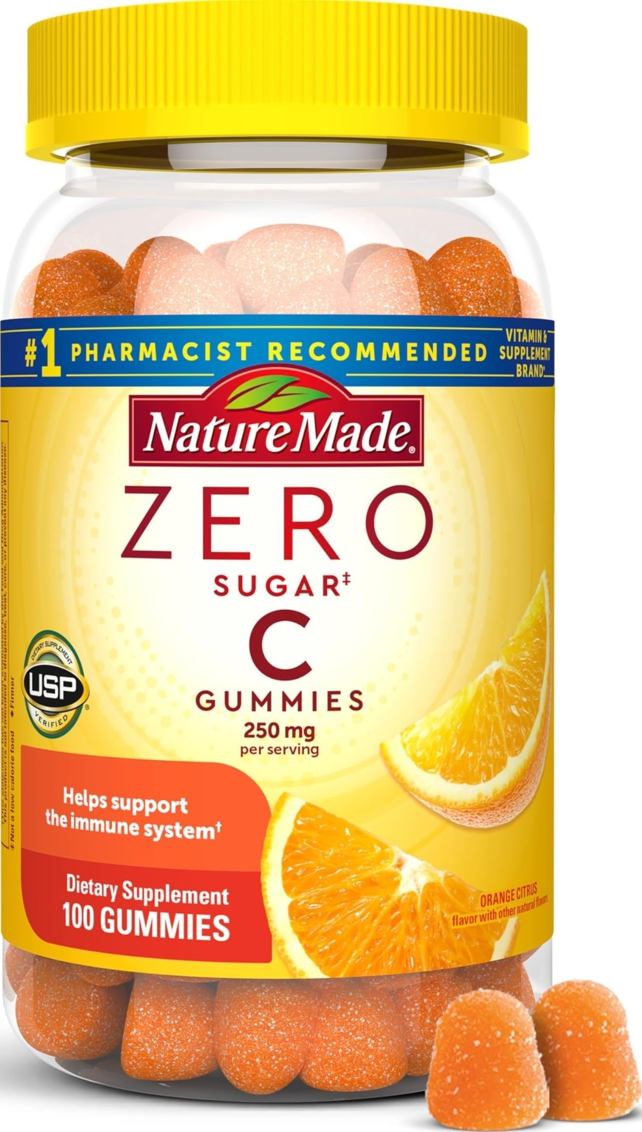 Nature Made Zero Sugar Vitamin C Gummies 250 mg per Serving, 100 Gummies | Sugar Free Vitamin C Gummies for Immune and Antioxidant Support, Aspartame Free, Orange Citrus Flavor, 50 Day Supply
