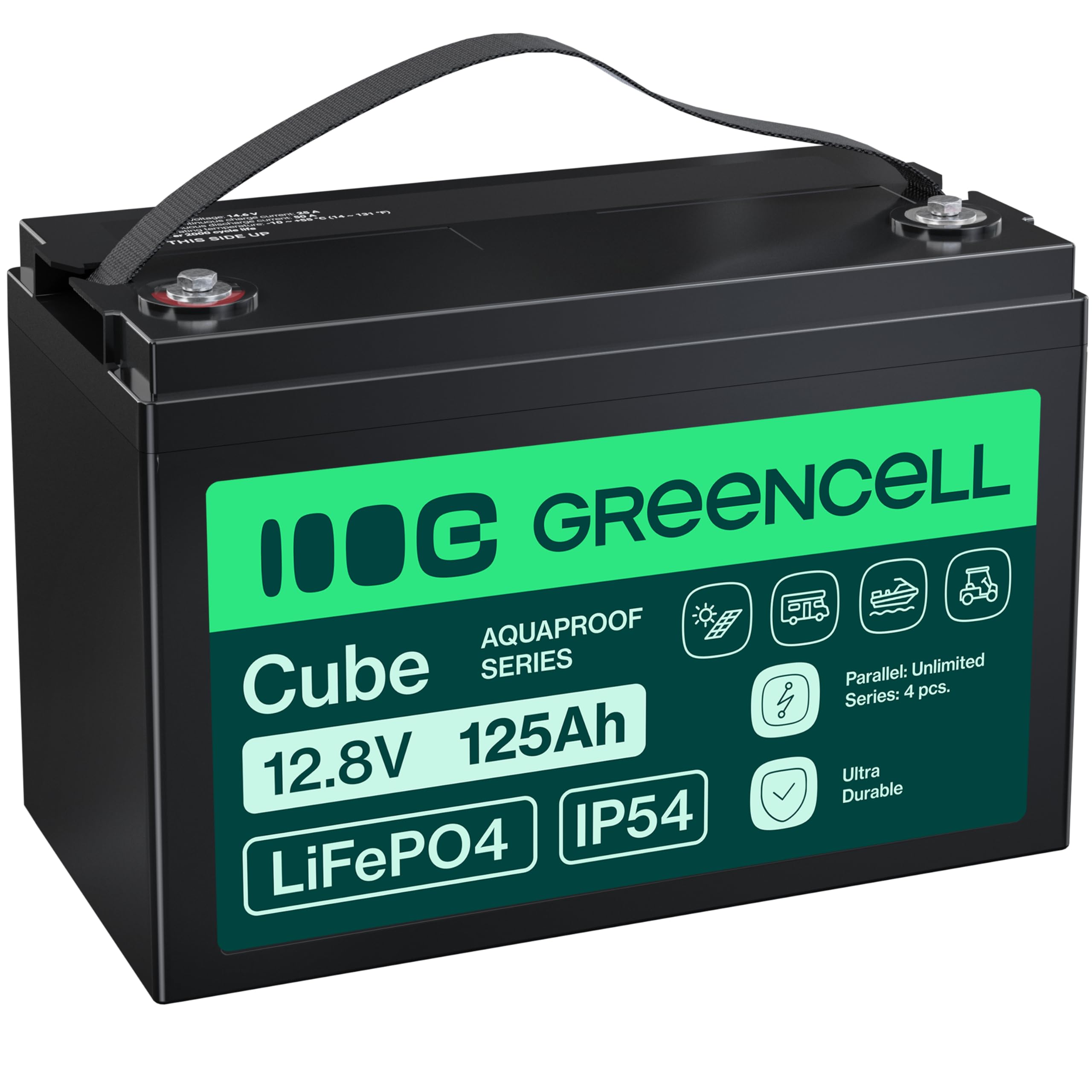 Green Cell Cube LiFePO4 Batteria 125Ah 12.8V - Batteria al litio di ferro fosfato per camper, barche, impianti solari, sistemi off-grid, con BMS, leggera e sicura