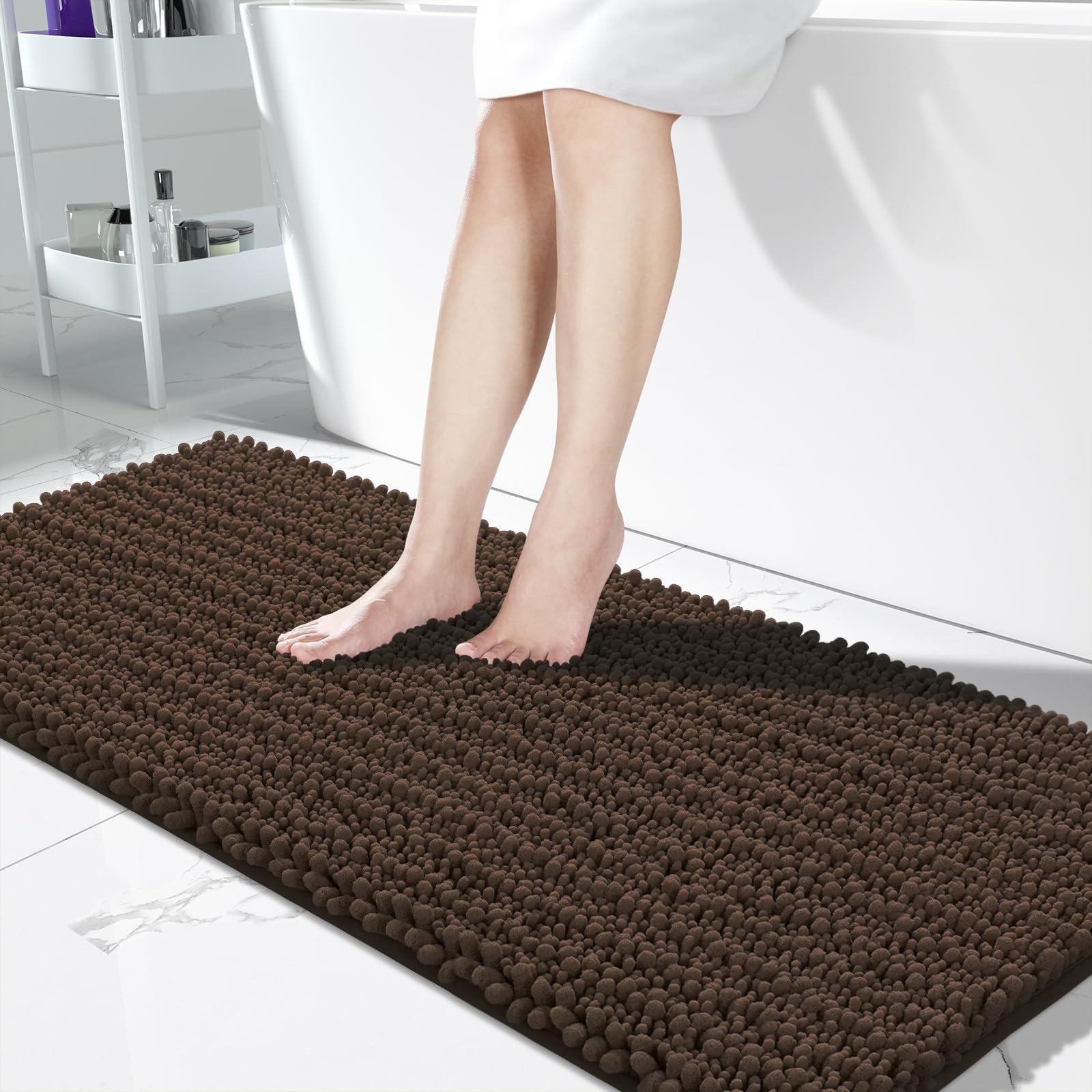 Yimobra Bathroom Runner Rug 60x24 Inch - Extra Long Non Slip Chenille Bath Mat, Soft & Absorbent, Machine Washable Shaggy Hallway Carpet for Vanity