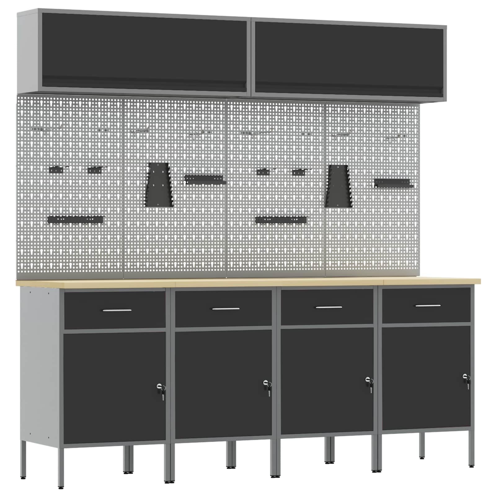 Armadio da officina con cassetti, nero, set di 10 armadietti in acciaio verniciato a polvere e legno, design moderno rettangolare con poggiapiedi regolabili