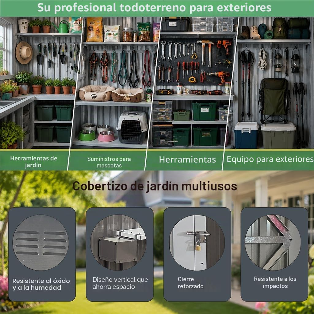 Caseta de jardín de 7,19 m² de acero galvanizado, con 2 ventanas abiertas, puertas con cerradura y estante para flores, resistente al agua para jardín, terraza, patio trasero, color gris