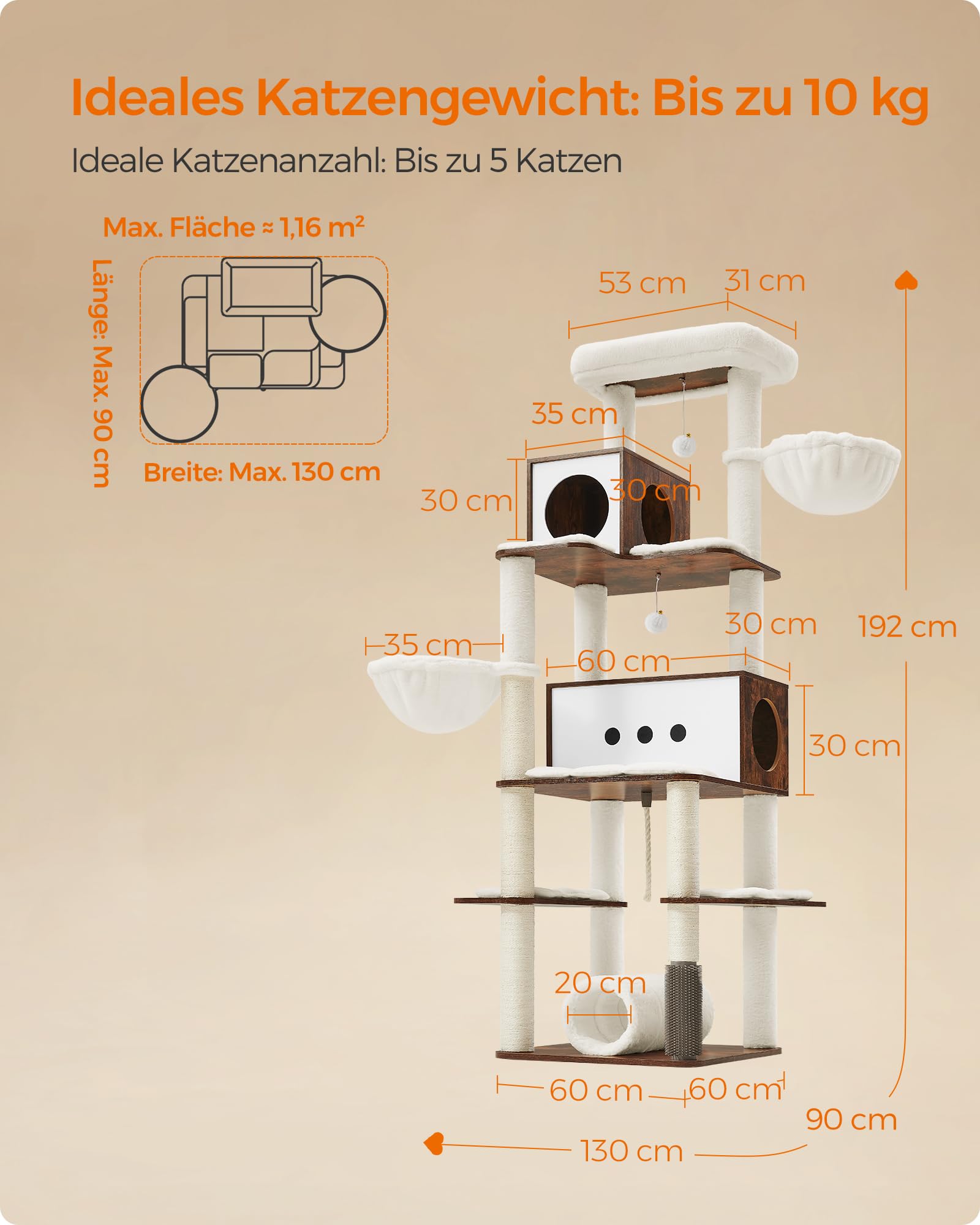 Feandrea Kratzbaum groß, 192 cm hoch, Katzenbaum XXL, modern, mehrstöckiges Katzenhaus mit 2 Höhlen, 2 Liegemulden, 4 Kratzstämmen, Katzenbürste, Tunnel, Plattformen, vintagebraun PCT193X01