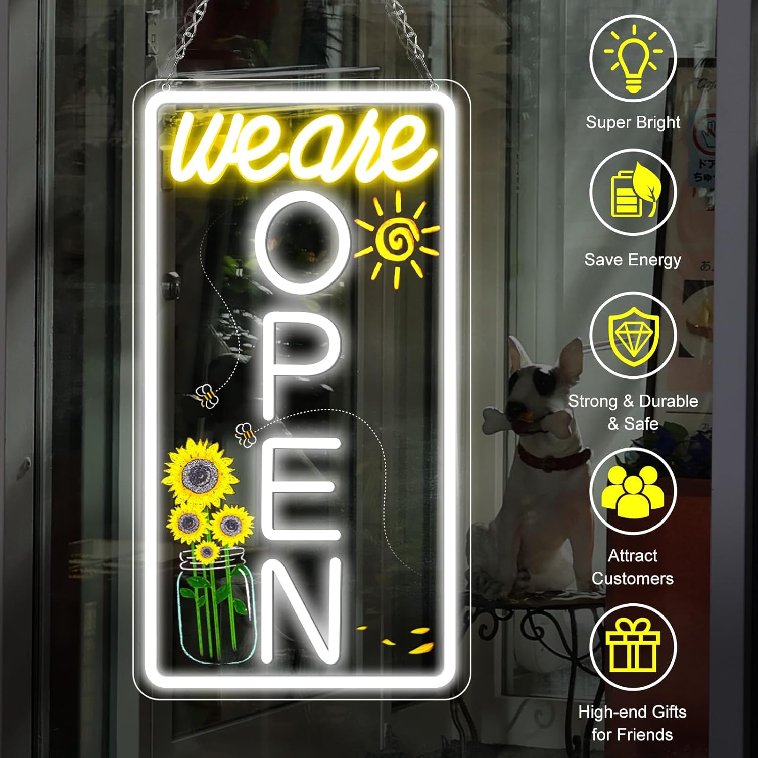 Neon We are Open Signs for Business, 16.5x9'' Open Sign with Printed Flower and Sun, with ON/OFF Switch & Adapter, Daylight White, Ideal for Window, Party, Wall, Bars, Coffee Shops, Salons, Clubs, Hotels, Vertical
