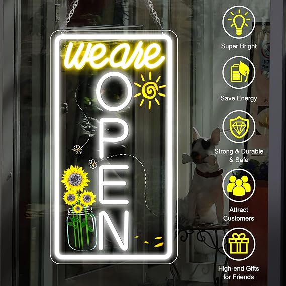 Neon We are Open Signs for Business, 16.5 x 9'' Open Sign with Printed Flower and Sun, with ON/OFF Switch & Adapter, Daylight White, Ideal for Window, Party, Wall, Bars, Coffee Shops, Salons, Clubs, Hotels, Vertical