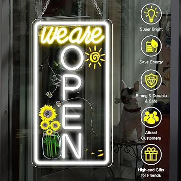 Neon We are Open Signs for Business, 16.5 x 9'' Open Sign with Printed Flower and Sun, with ON/OFF Switch & Adapter, Daylight White, Ideal for Window, Party, Wall, Bars, Coffee Shops, Salons, Clubs, Hotels, Vertical
