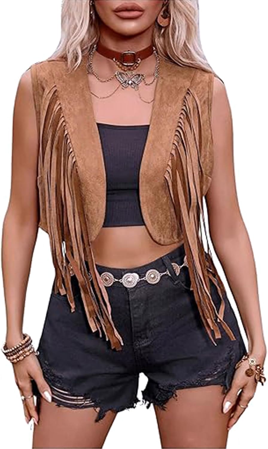 Women Tassel Vest 70s Hippie Vest Sleeveless PU Fringe Open Front Faux Suede Waistcoat Western Hippie Jacket Cardigan