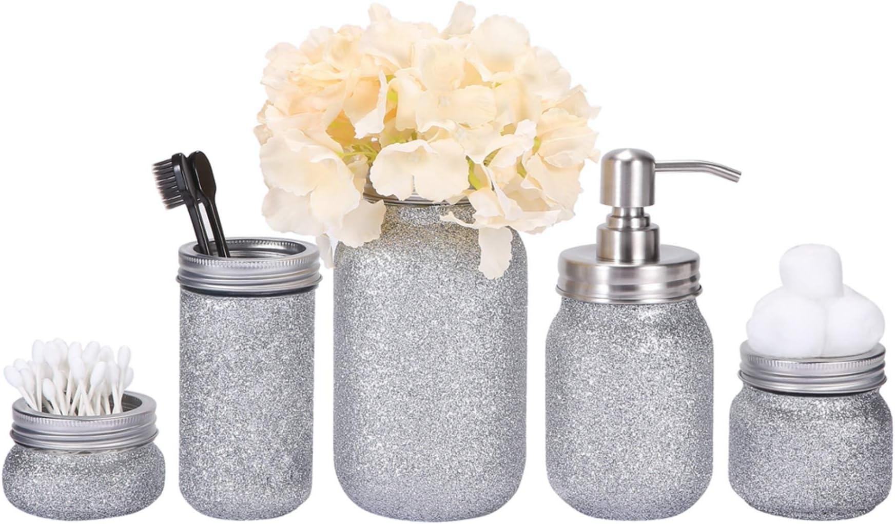 Quotidian Glitter Mason Jar Bathroom Set 5 Piece with Soap Dispenser,Flower Vase, Toothbrush Holder for Wedding House Decor Countertop and Vanity Organizer Bathroom Accessory Sets (Silver)