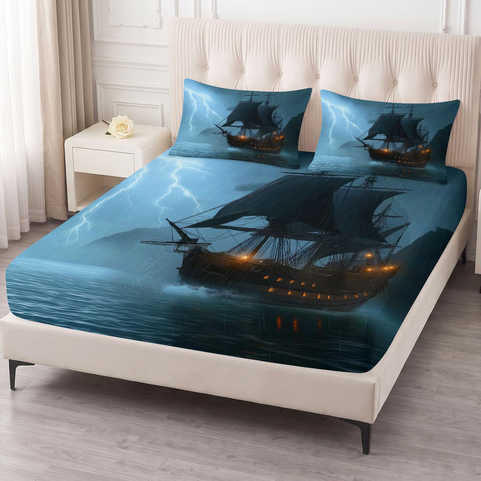 Fantasy Nautical - Juego de sábanas bajeras de microfibra de 180 x 200 cm, tamaño Super King, sábana bajera ajustable decorativa, suave, transpirable, resistente a la decoloración, con bolsillo