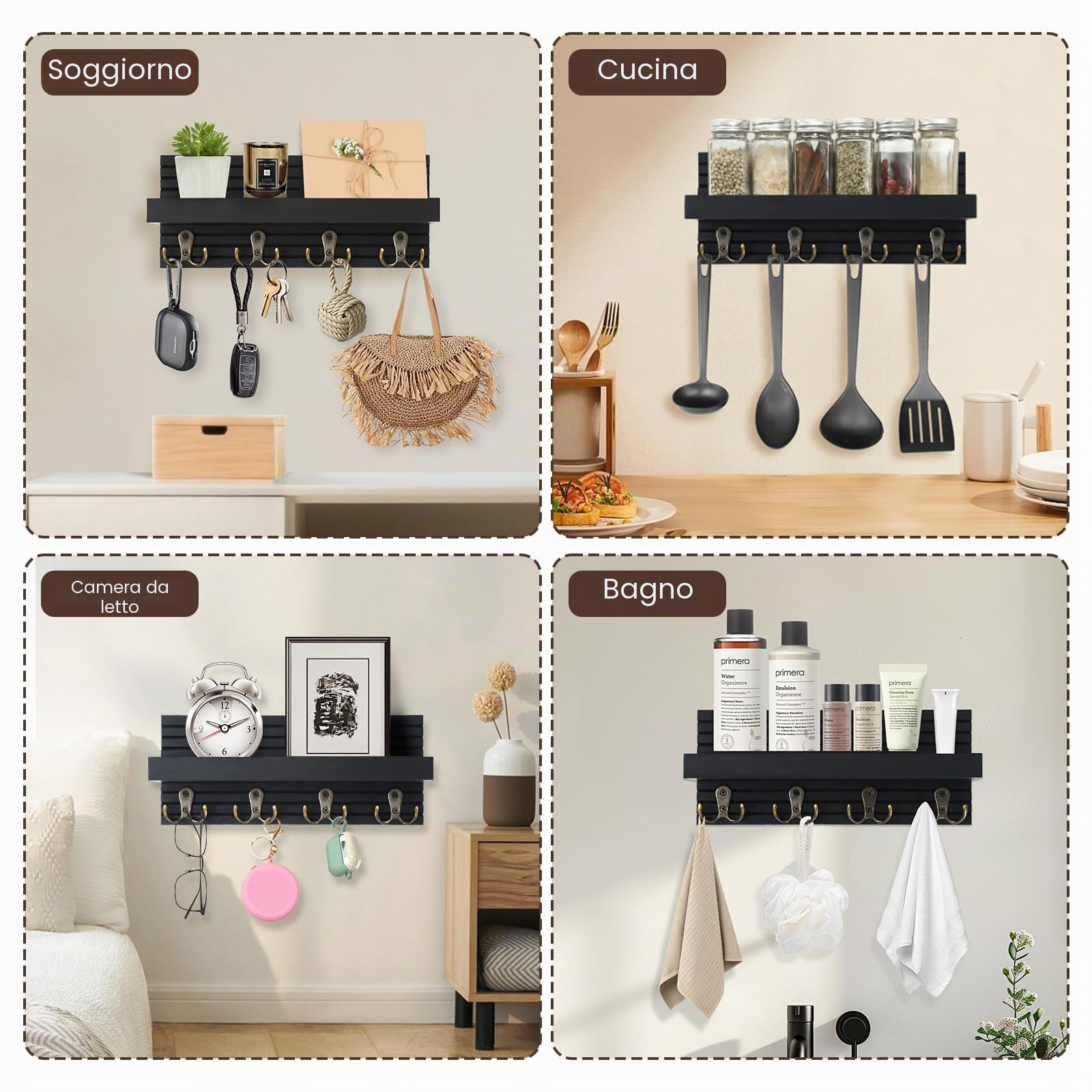 Portachiavi da Parete in Legno, Portachiavi da Muro con Ripiano, Porta Chiavi da Muro per Casa con 8 Ganci, Appendi Chiavi Home Decor, per Corridoio, Ingresso, Cucina, Bagno (Nero)