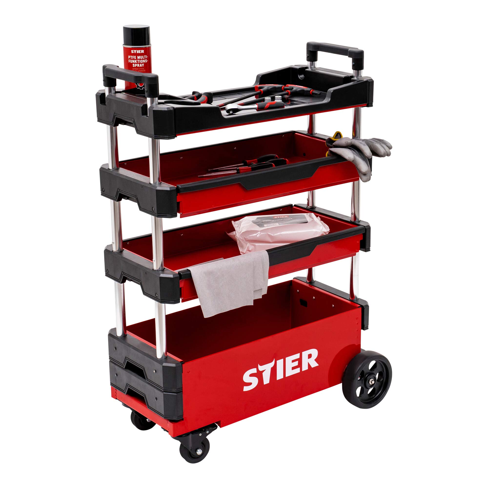 STIER Montagewagen, klappbar, 80kg Tragkraft, LxBxH 700x380x535 eingefahren, LxBxH 700x380x900mm ausgefahren, rollende Werkstatt, für Kleinteile und große Werkzeuge, Werkzeugkasten leer