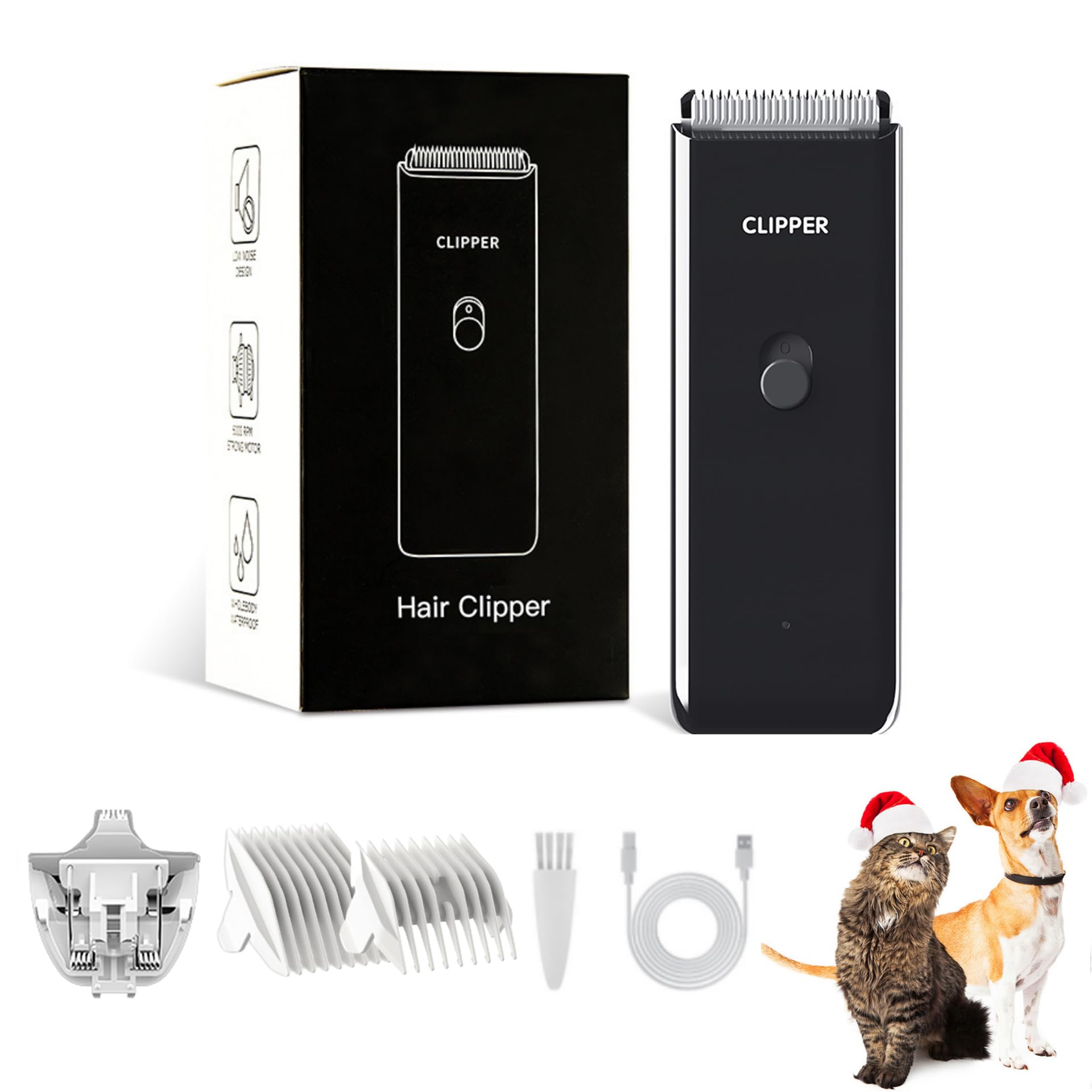 Founouly 2-in-1 Professional Dog Grooming Kit - Low Noise, Waterproof, USB Rechargeable, and Safe Ceramic Blade - Gift for Dogs and Cats (Black)