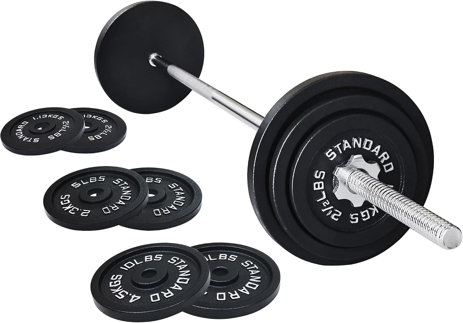Fitvids Barbell Weight Set, Cast Iron 1" Standard Weight Plates Including 5FT Standard Barbell Bar & Star Locks, 45 Pounds Set (35 Lbs Plates + 10 Lbs Barbell Bar), Multiple Packages