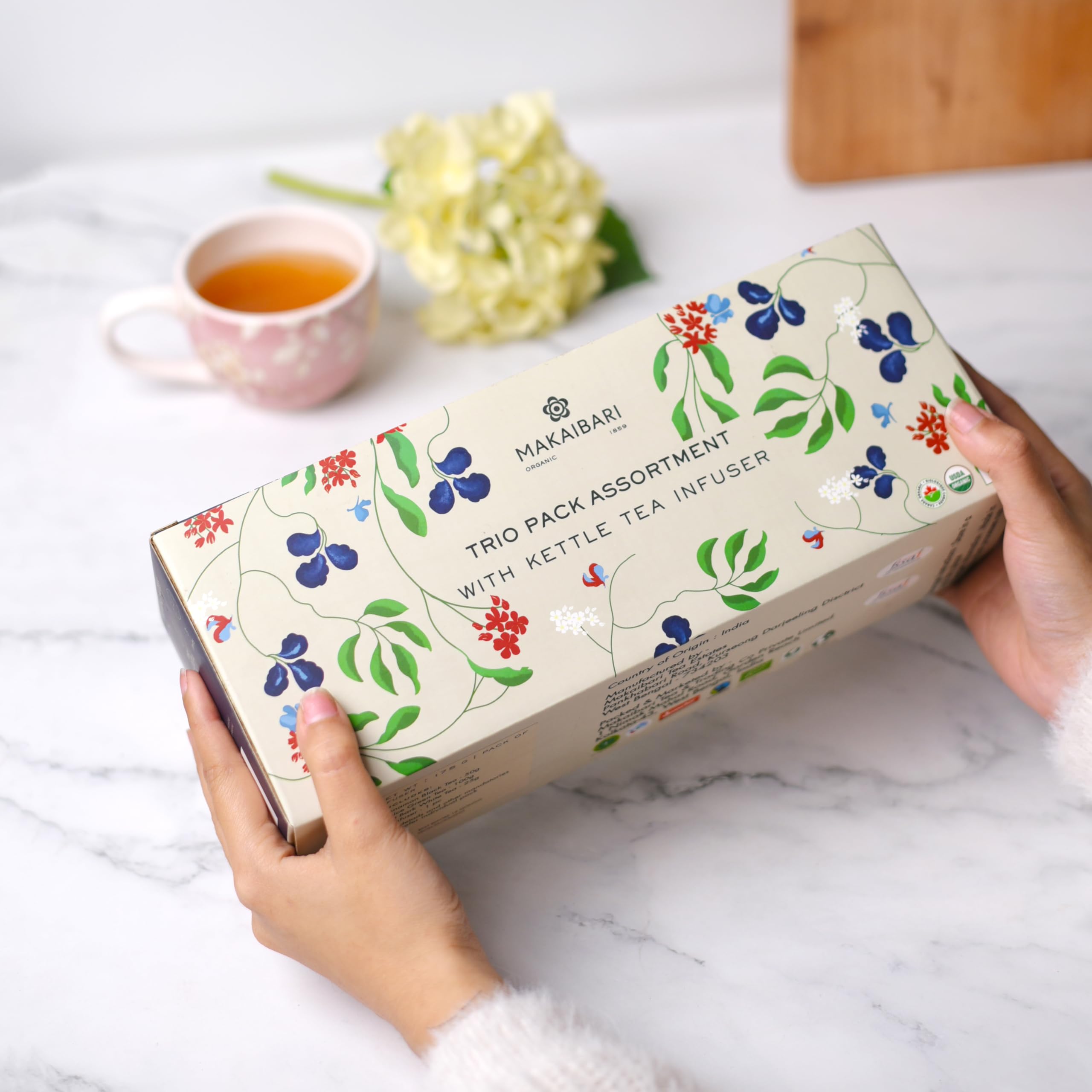 Makaibari Holiday Edition Trio Pack With Infuser | Apple Cinnamon Black | Ginger Spice Green | White Peppermint Bark | USDA Certified | Luxury Tea Gift Box | Wellness Gift Pack 3