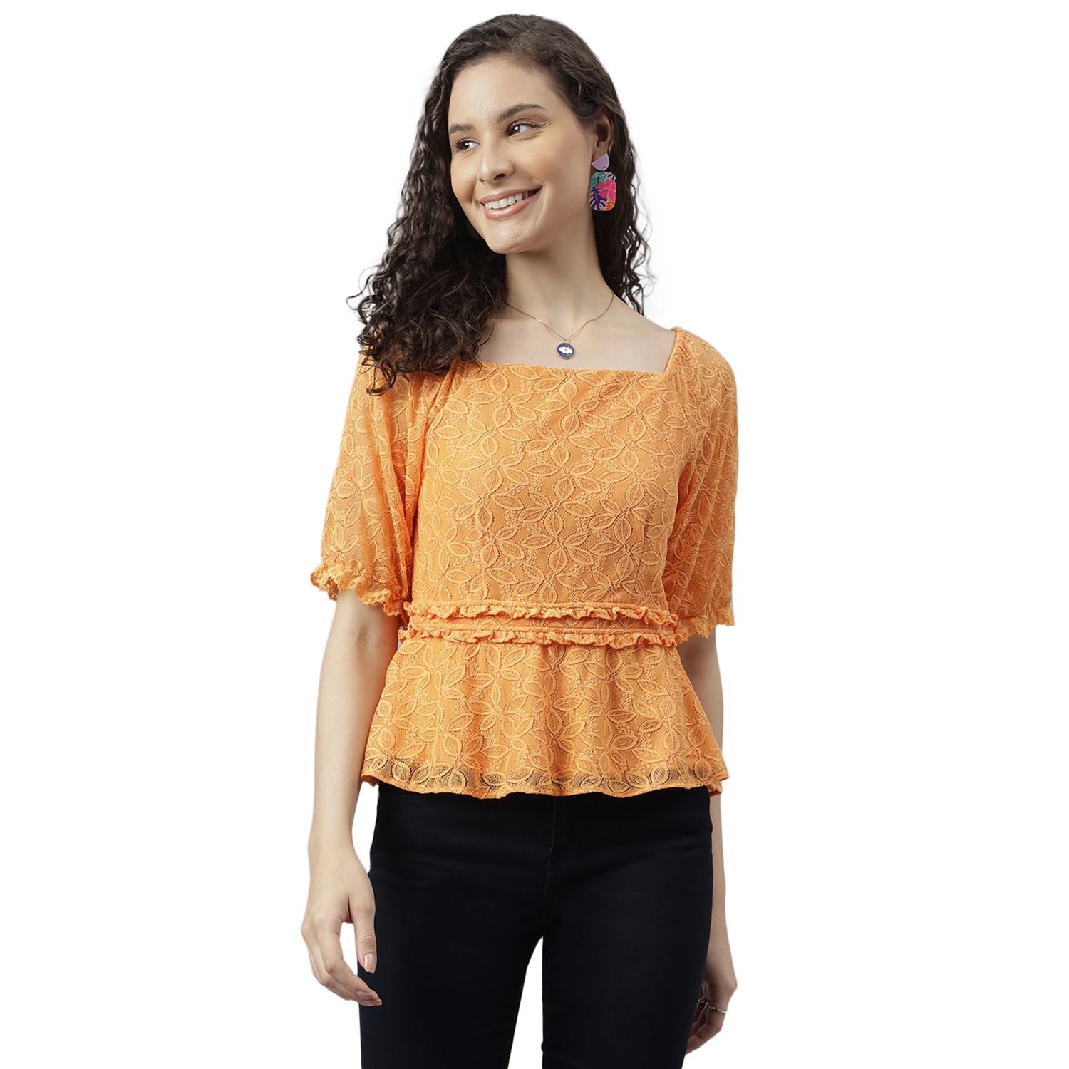 Latin Quarters Women's Papaya Square Neck Half Sleeve Solid Top-image-16