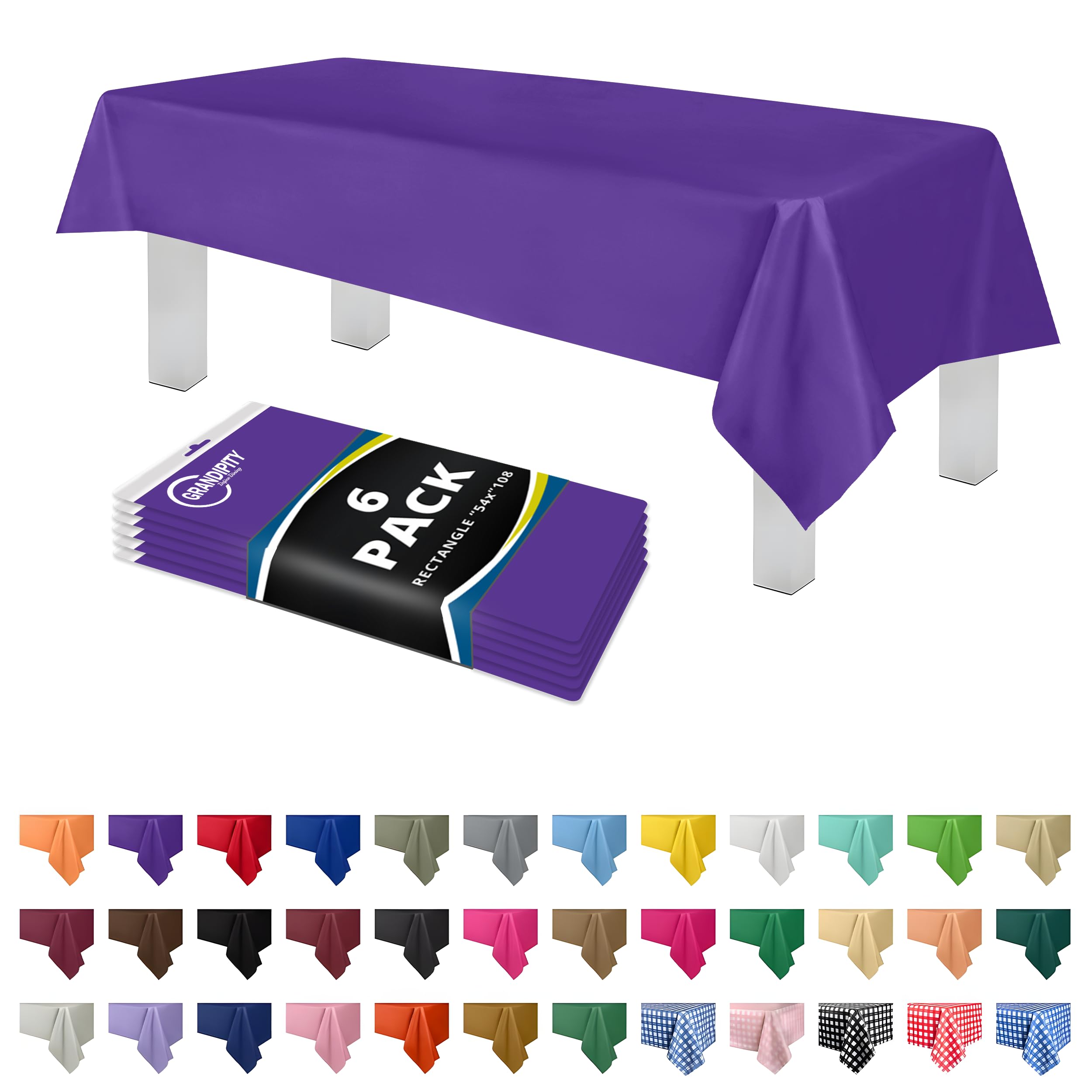Grandipity Purple Plastic Table Cloth Disposable (6 Pk) 54in x 108in Plastic Tablecloths for Rectangle Tables - Premium Party Table Cloths Disposable for 6ft to 8ft Rectangle Tables
