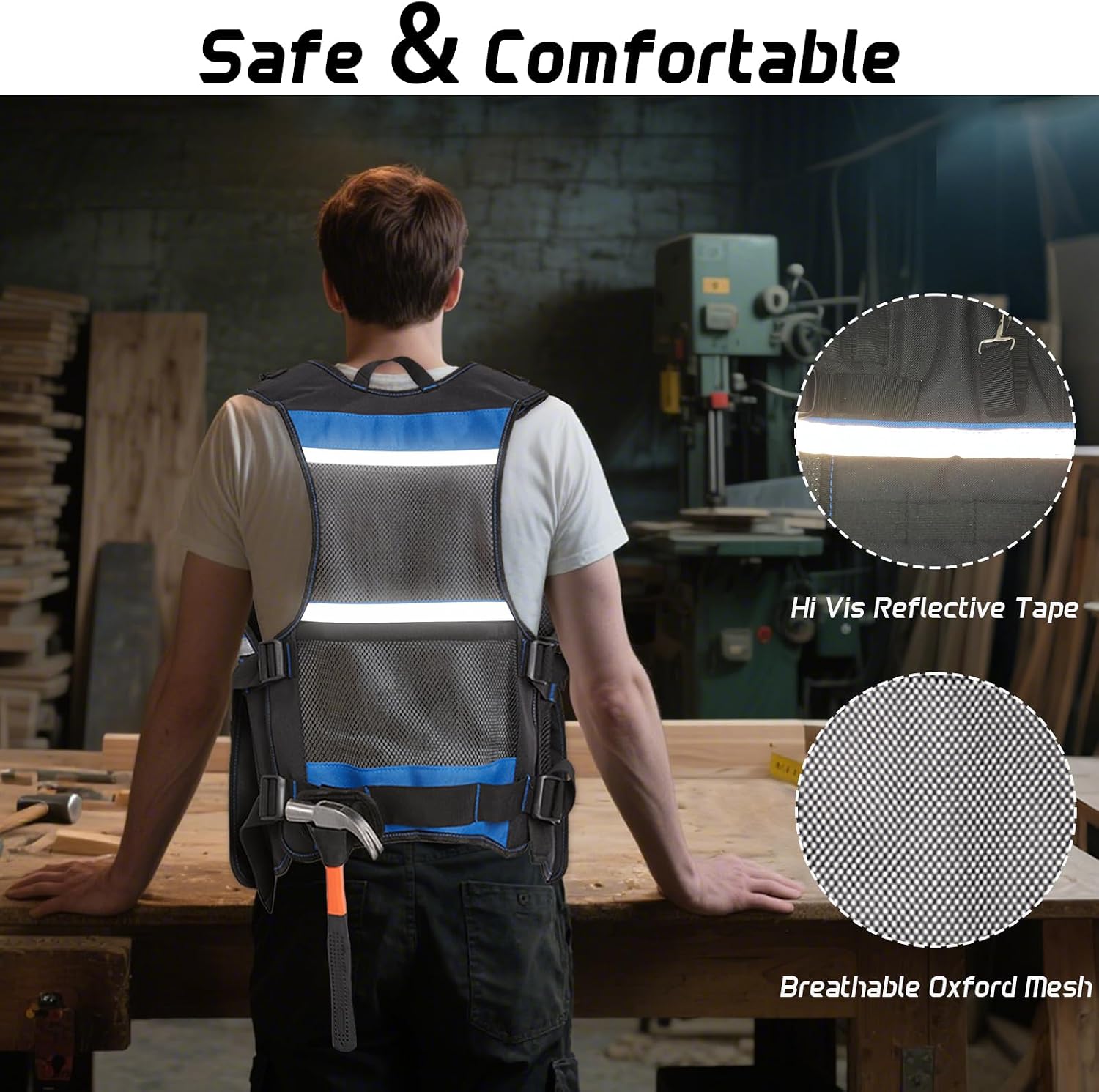 Electrician Tool Vest for Men, Reflective Safety Work Vest with Adjustable Thick Straps, Removable Phone Holder for Electrical, Carpenters, Construction, 22 Pockets.Blue