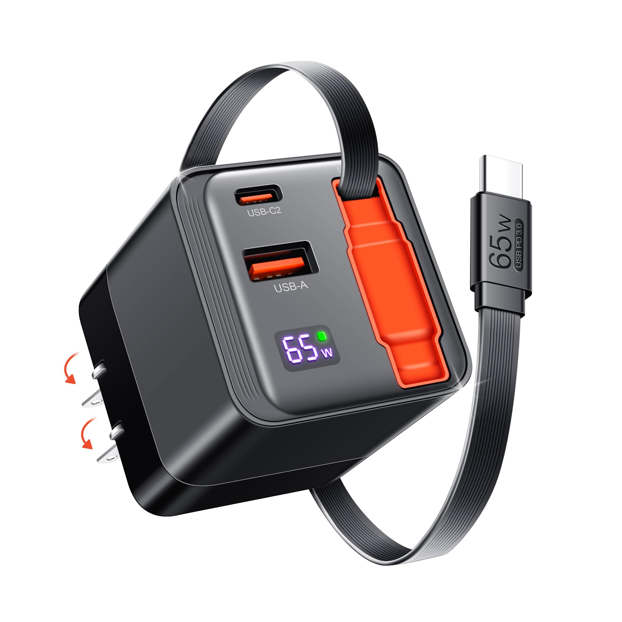 65W Retractable USB C Charger Block, PD PPS Fast Charging Wall Charger with Retractable Type-C Cable and Dual Port, Portable GaN3 with Foldable Plug