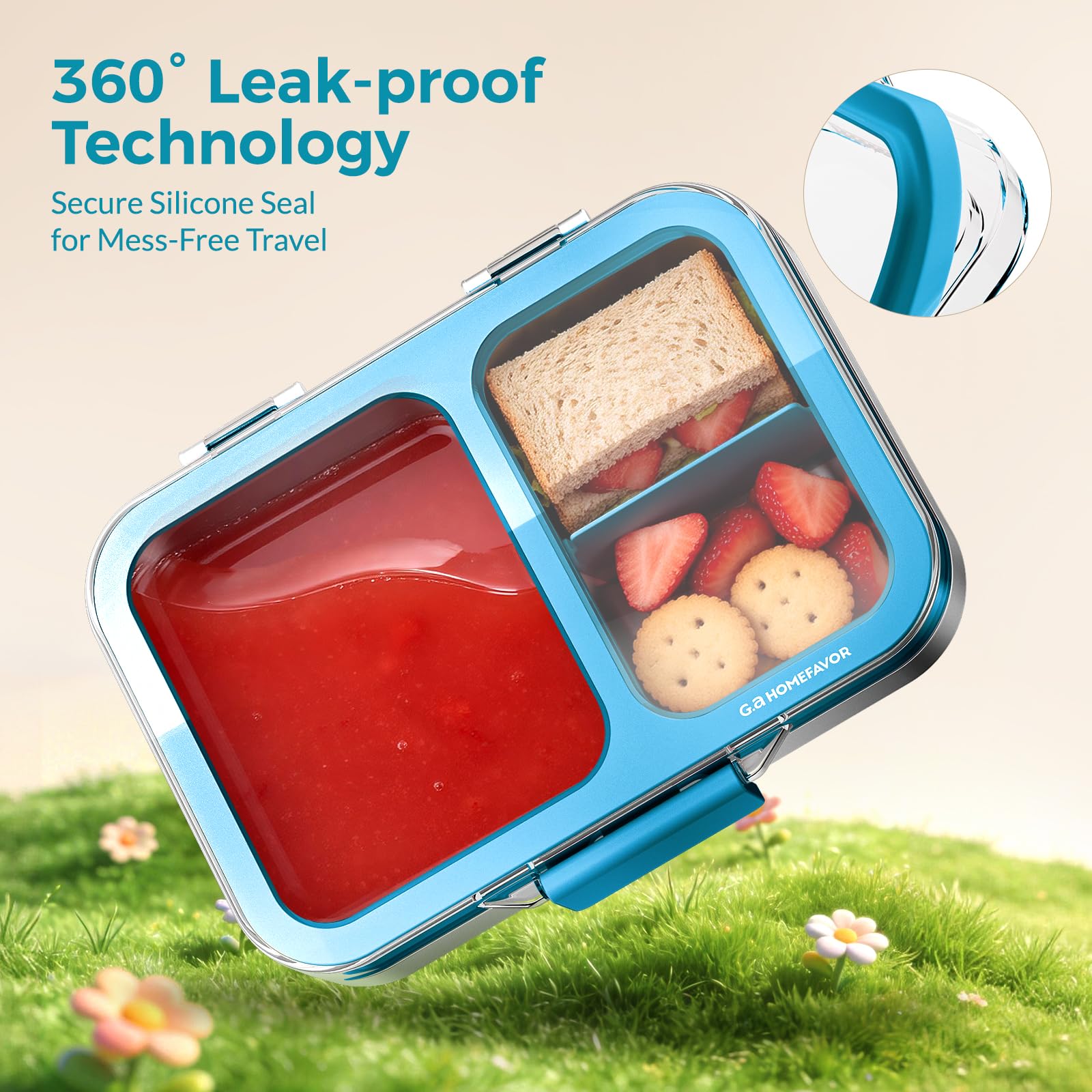 G.a HOMEFAVOR Edelstahl Brotdose Kinder 1000ml Metall Bento Lunchbox mit 2 Fächern Auslaufsichere Brotbox Kindergarten Kita Schule Sandwichbox Brotzeitdose Vesperdose Brotbüchse, Blau