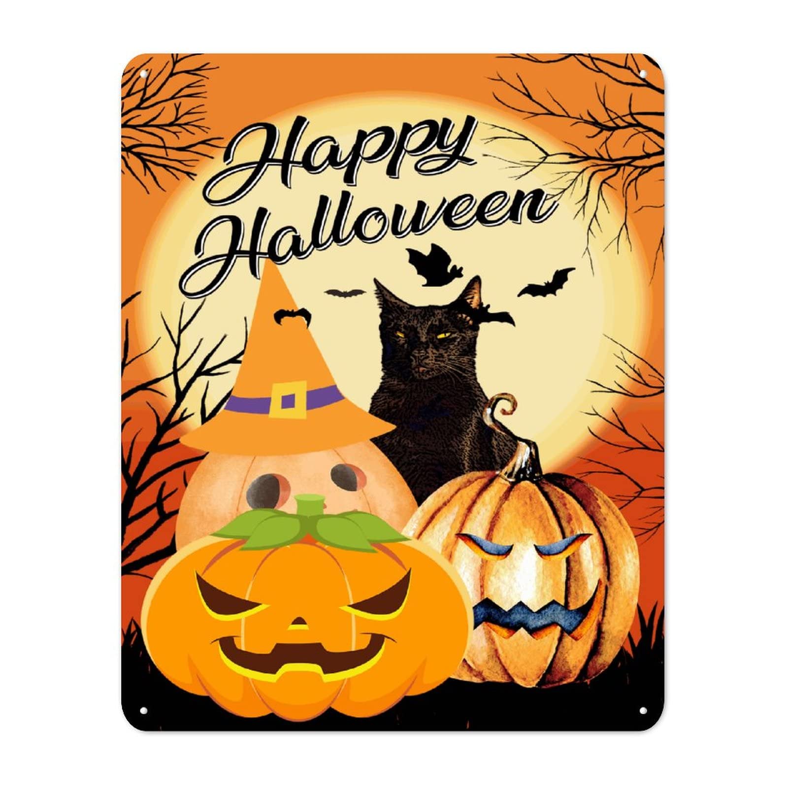 Panneau en étain rigide Halloween chat et citrouille 40 cm