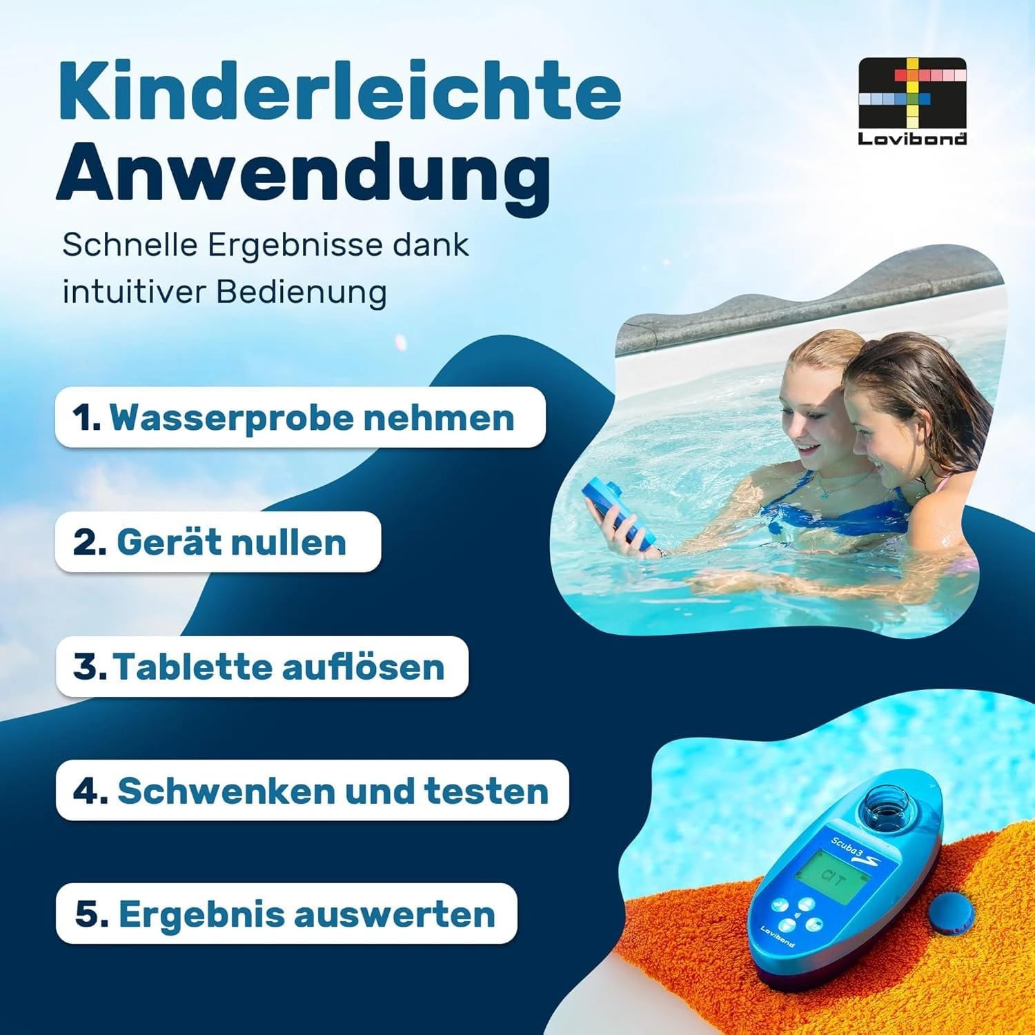 Lovibond Scuba II - elektronischer Pooltester - Messen von freiem Chlor CL ? Chlor insgesamt ? pH Wert ? Cyanursäure - Alkaliät - Brom - im Schnelltestverfahren | Freies Chlor, Gesamtchlor, pH-Wert, Cyanursäure, Alkalinität und Brom