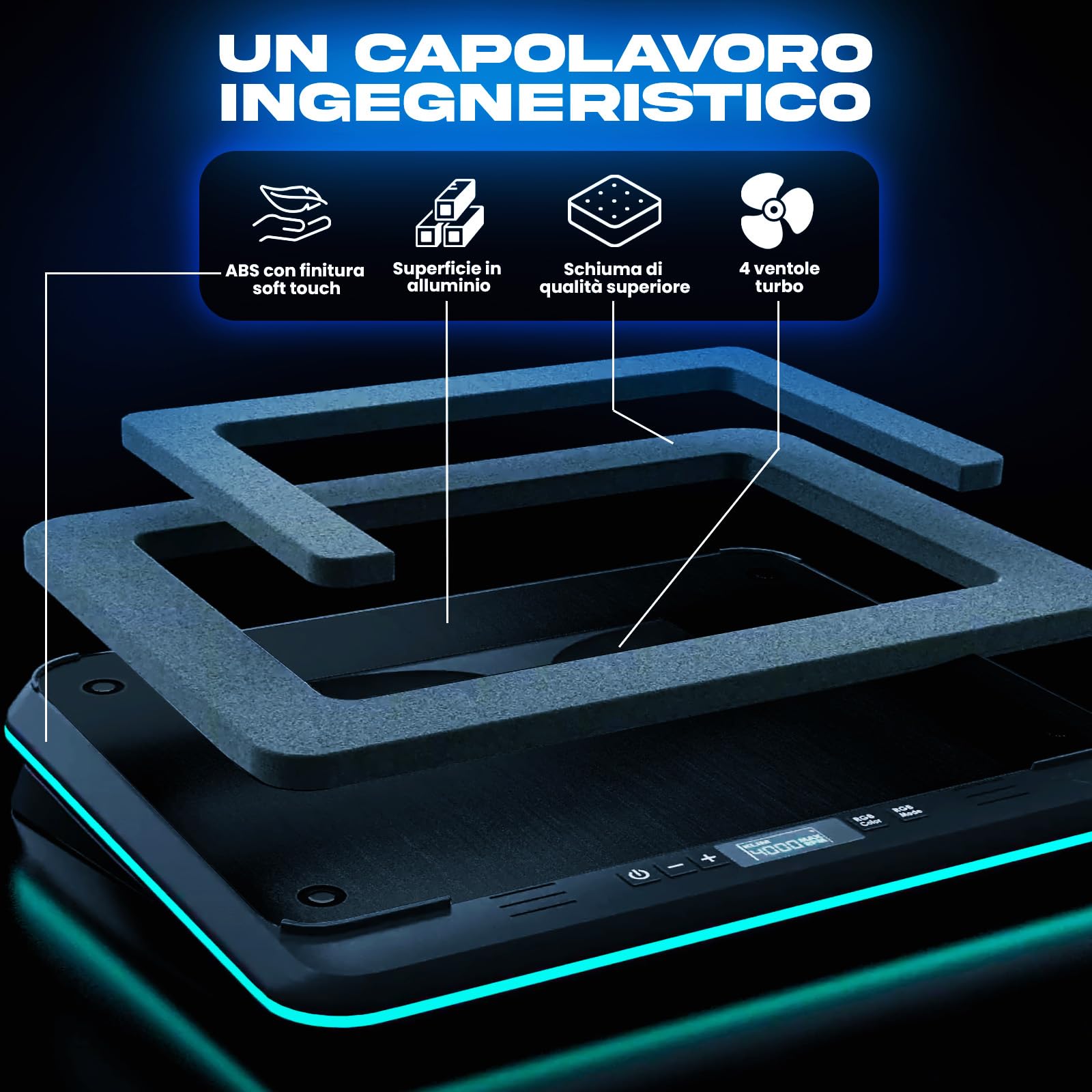 KLIM Turbofrost Base Raffreddamento PC Portatile 4 Turbo Ventole 4000 RPM Ventola USB-C DC RGB 4 Porte USB Schiuma Sigillata Raffreddamento Rapido Fino a 17 Nero