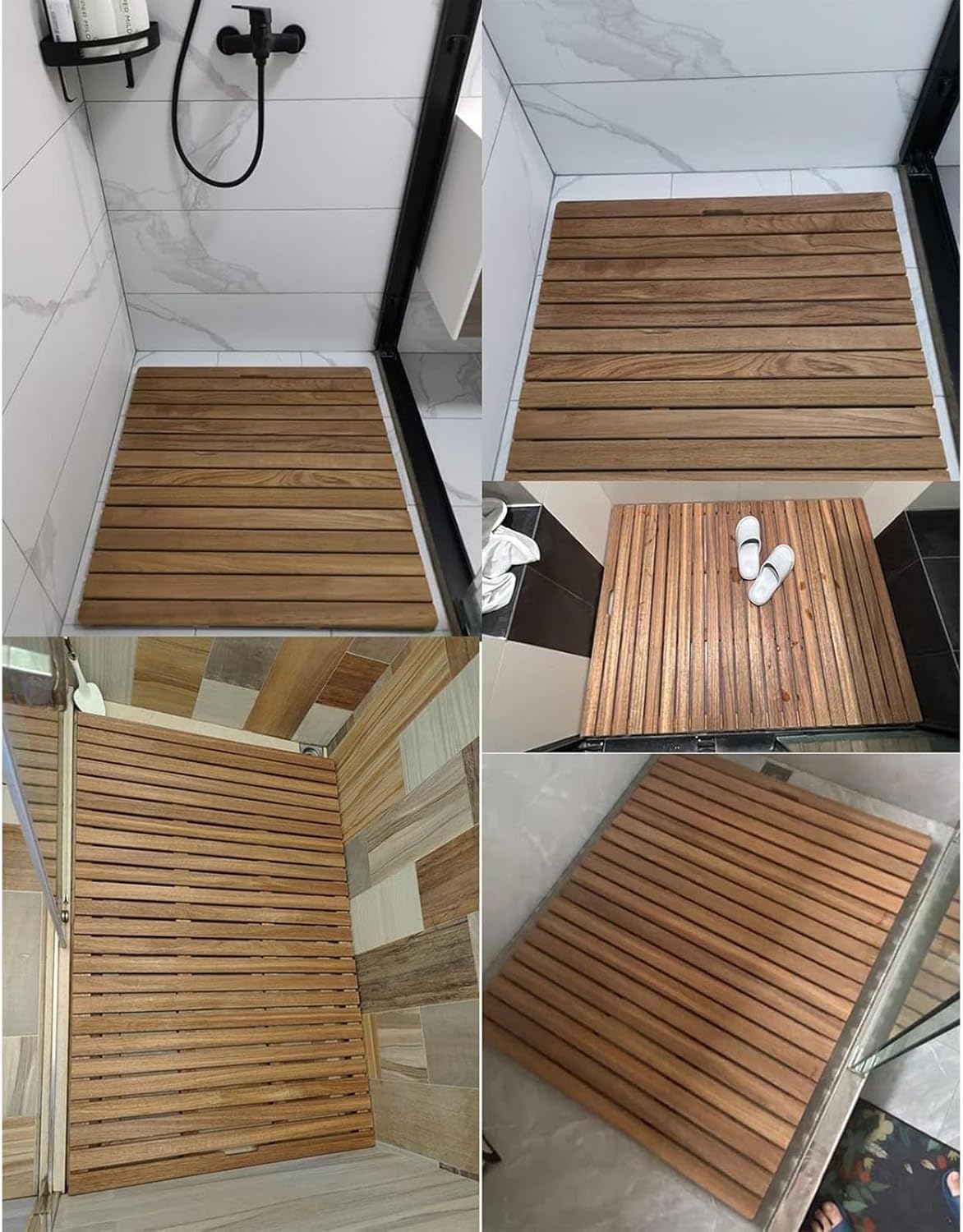 Alfombrilla de ducha de madera natural, tabla de drenaje de baño antigrietas, almohadilla antideslizante para ducha, balcón y puerta, tamaño personalizado (61 x 71 cm)