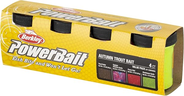 Berkley PowerBait Trout Dough Season Pack, 4 colori e sapori per la pesca alla trota tutto l'anno, esche profumate e modellabili per laghi, fiumi e torrenti, tutti i livelli di abilità - 1