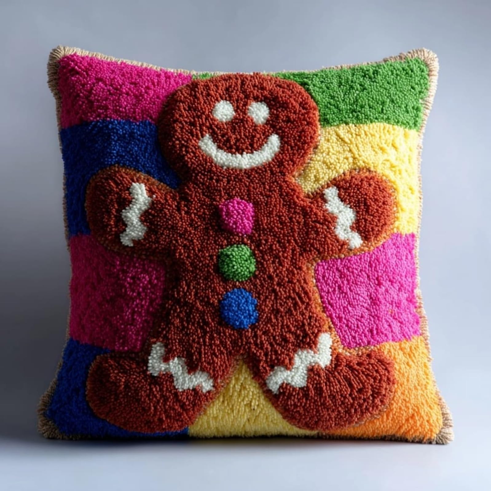AxiangziK Pre-Printed Latch Hook Pillow Kit for Adults,Cute Gingerbread man Beginners DIY Crochet Pillow Kit 17X17Inch Needlework Cushion Cover for Home Sofa Decoration