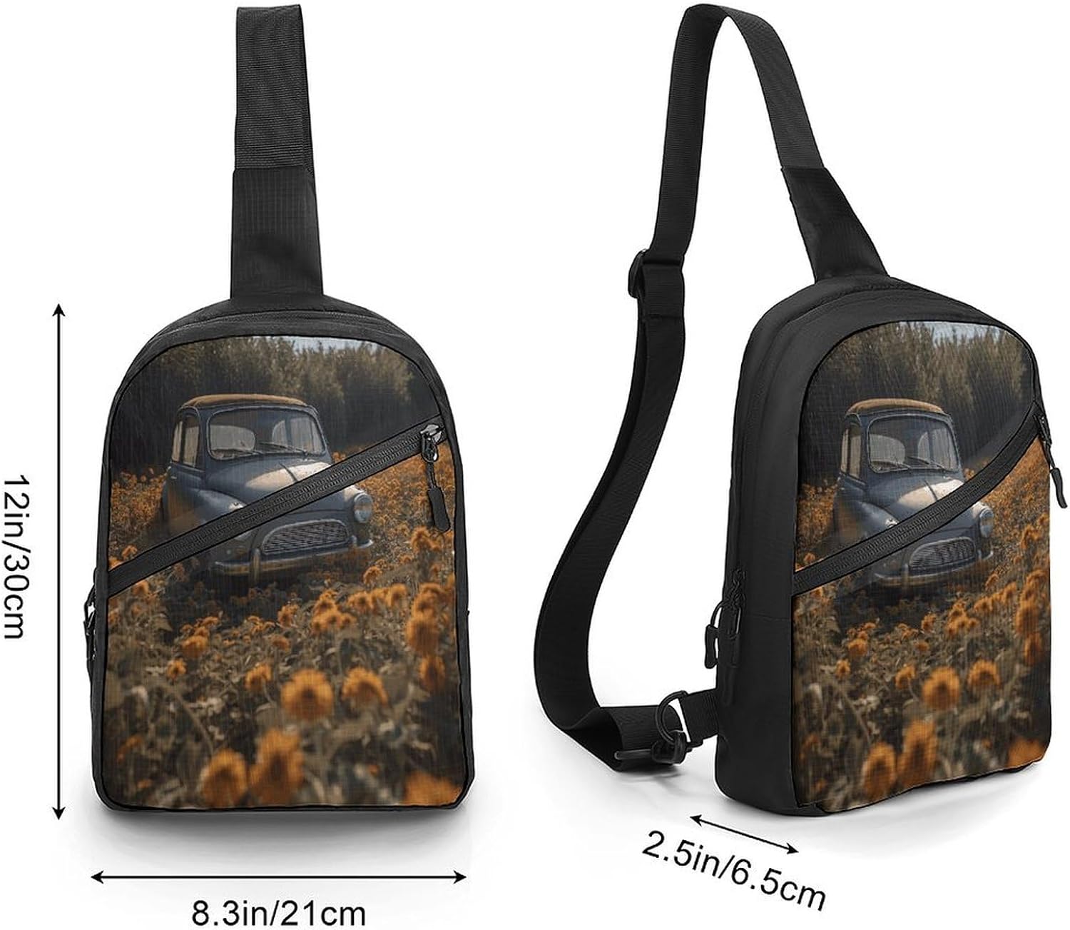 Car in Flower Field Crossbody Backpack Sling Bag
