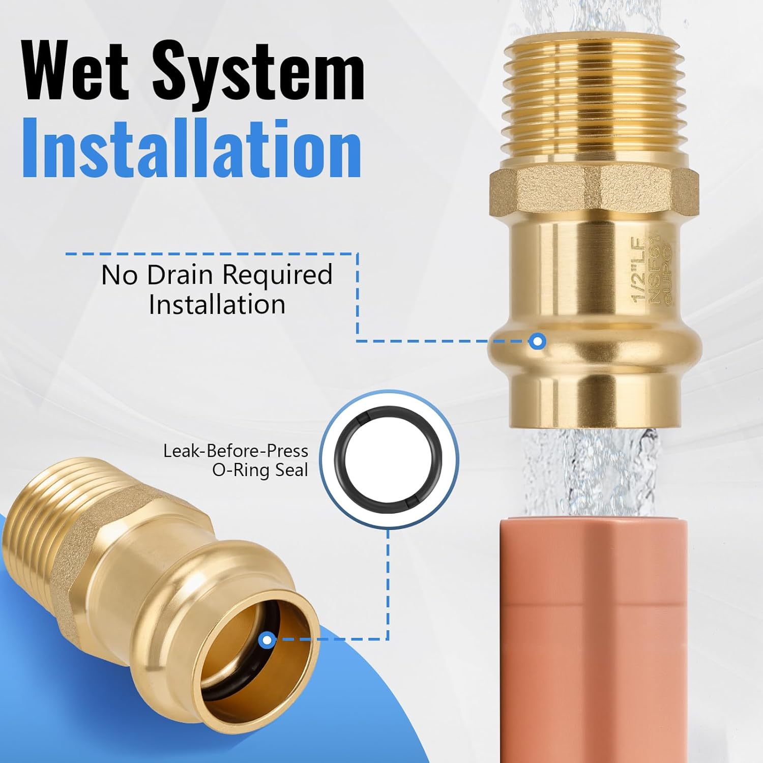 (10-Pack YVSKM) Press Fittings 1/2" Press × 1/2" Male NPT Adapter, Lead-Free Brass, for Copper Press to Threaded Plumbing Connections