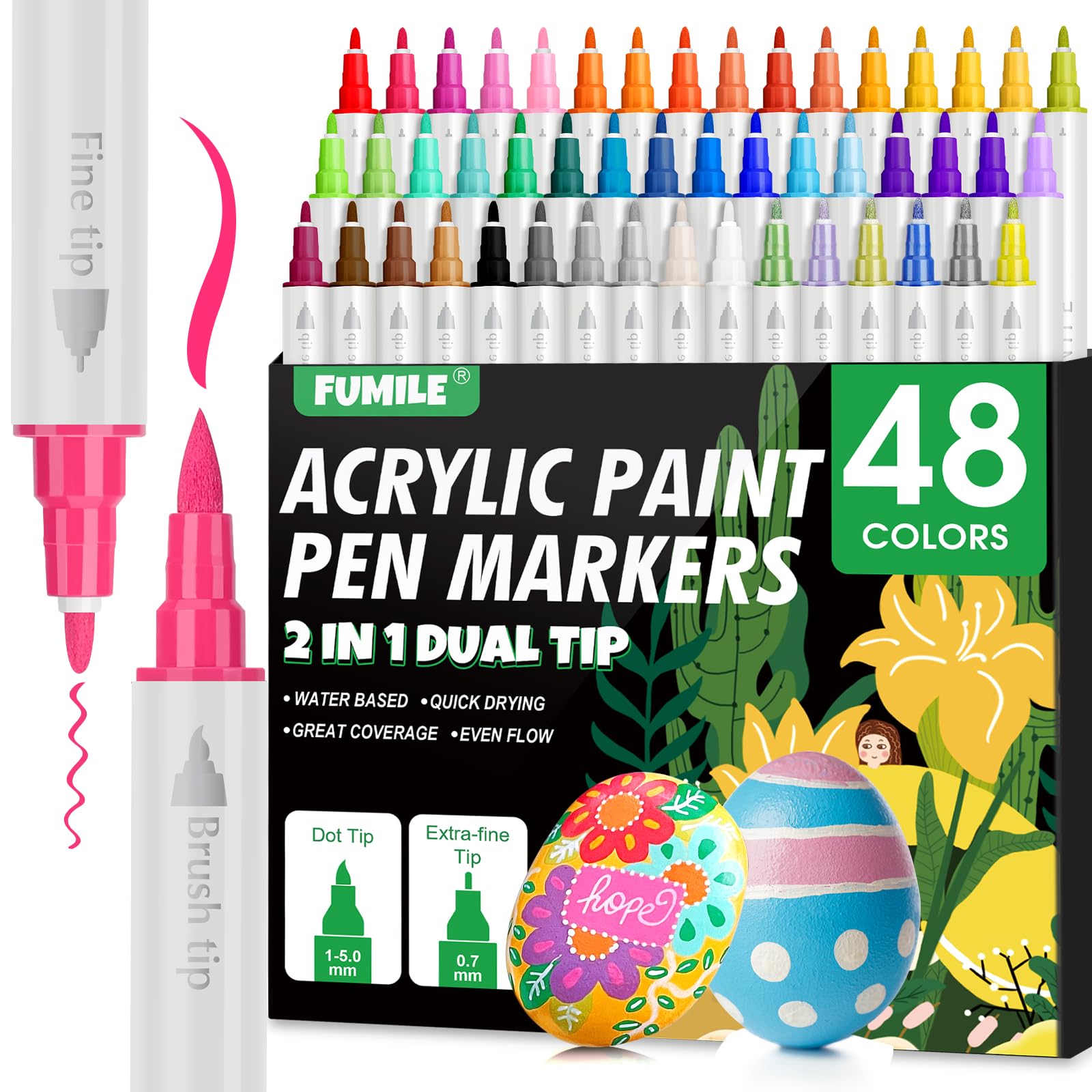 FUMILE 48 Colors Dual Tip Acrylic Paint Pens,Paint Markers With Extra Fine Tip and Brush Tip for Wood, Rock, Glass, Ceramic, Canvas, Paper.Paint Markers for DIY Craft,Halloween and Christmas