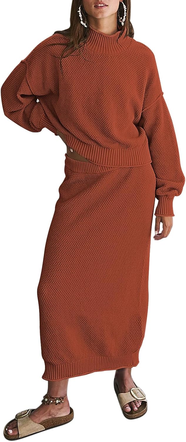 Pink Queen Women's 2 Piece Sweater Set Outfits Long Sleeve Oversized Top Bodycon Maxi Long Skirt Knit Dresses