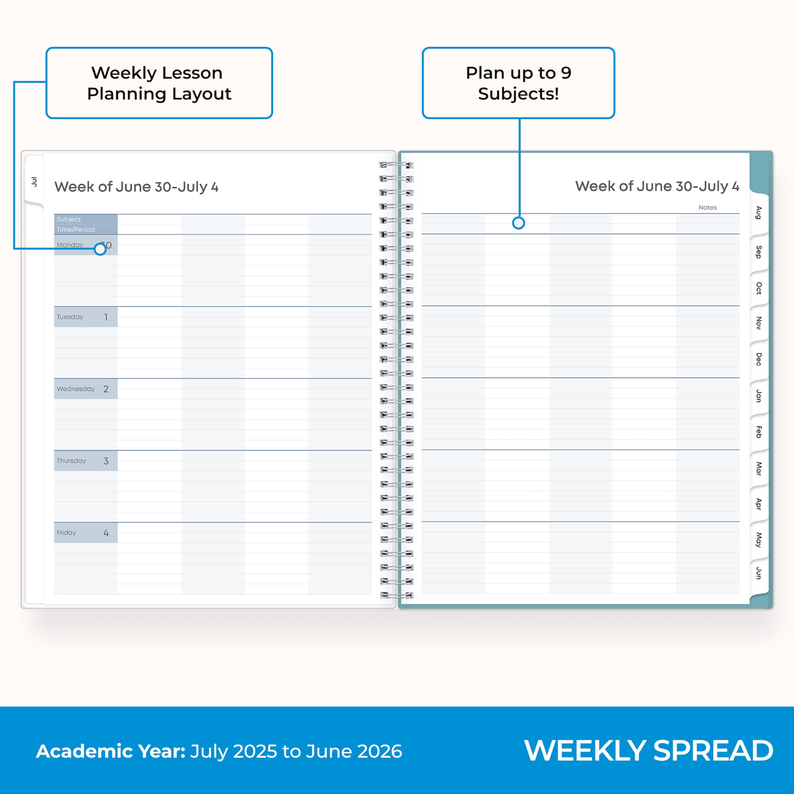 Blue Sky 2025-2026 Weekly and Monthly Academic Year Lesson Planner Kalender, Juli 2025 - Juni 2026, 8.5" x 11", Flexible Abdeckung, Wirebound, Laminated Tabs, Storage Pocket, Dots