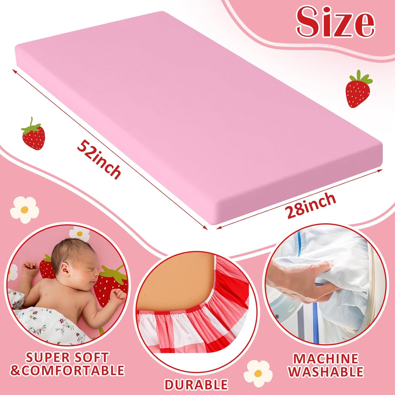 Hahafelt 4 Pack Strawberry Baby Crib Fitted Sheet for Girls 52'' x 28'' Strawberry Stretchy Neutral Fitted Crib Mattress Bed Sheet Pink Baby Bedding for Standard Mattress Gift Set