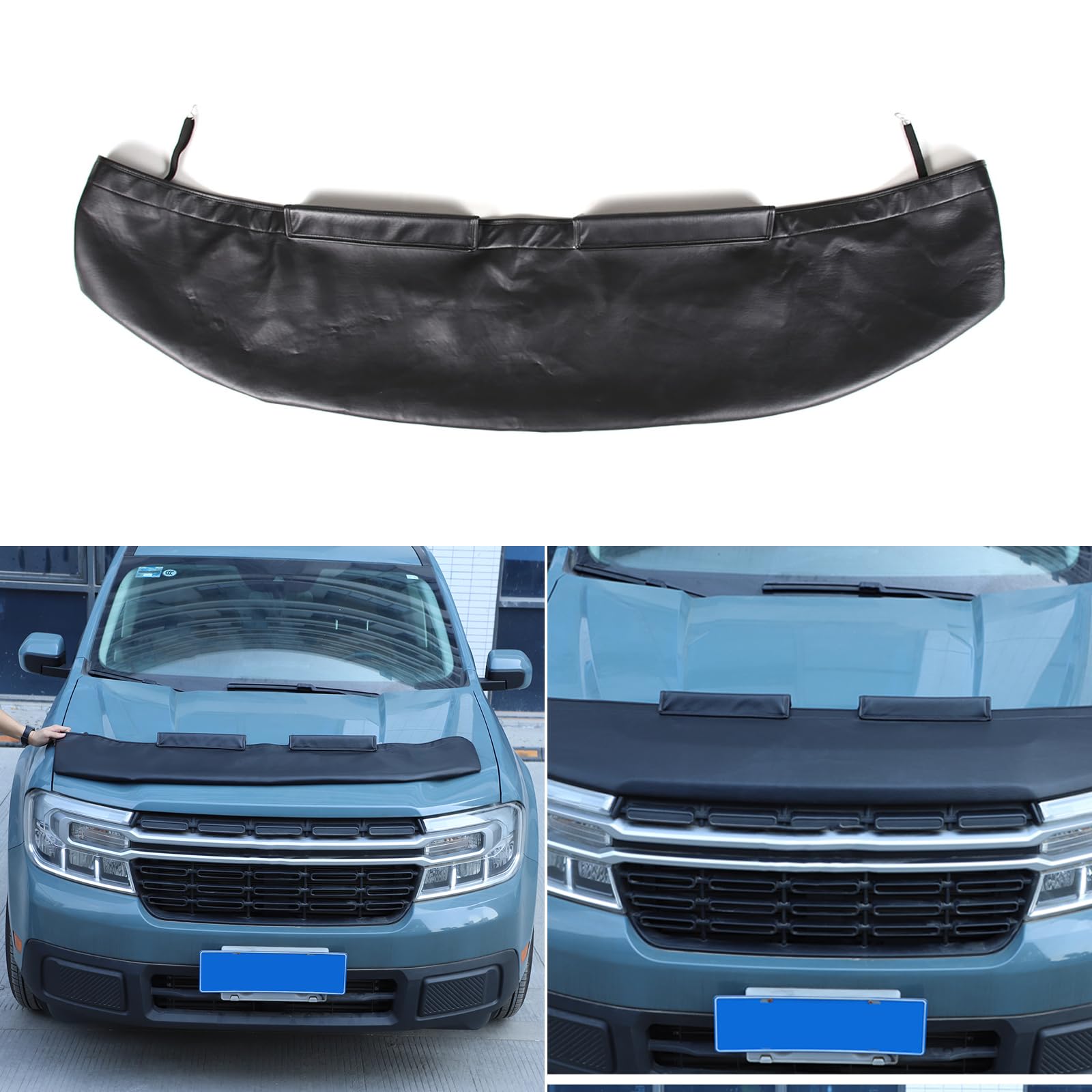 Leather Hood Shield Protector For Ford Maverick 2022-2025 - Foldable Stone Guard, All Black