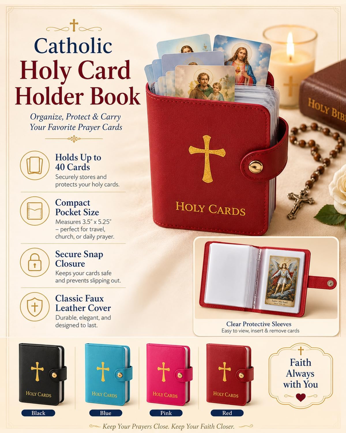 Catholic Faux Leather Holy Card Holder book Compact Pocket Prayer Card Organizer Wallet with Snap Closure for Church Daily Prayer religious 54 Holy cards album purse case gift for women
